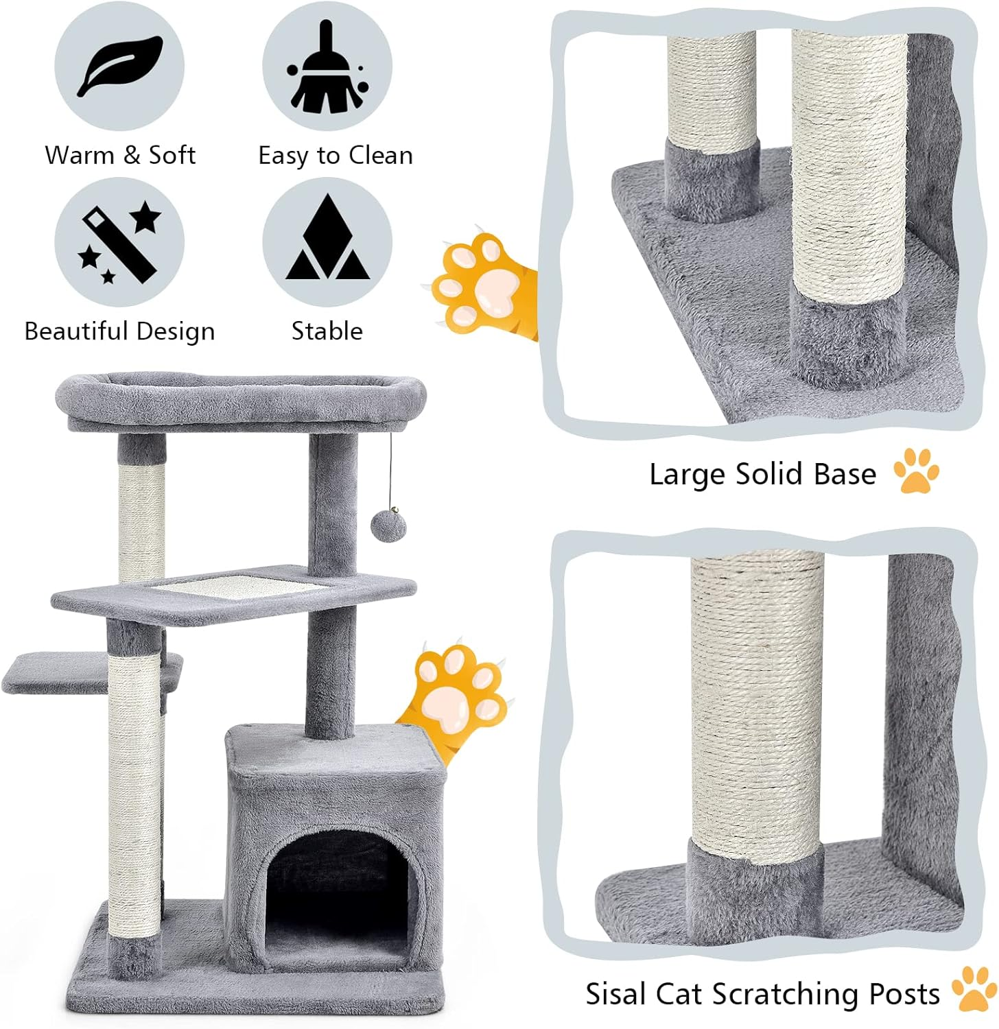 Costway Indoor Plush Cat Tree, Multilevel Cat Tower Condo with Flock, Hanging Toy, Scratching Sisal Posts, Cozy Perch, 4-Tier Cat Climbing Activity Center with Private Condo for Home and Office image number 5