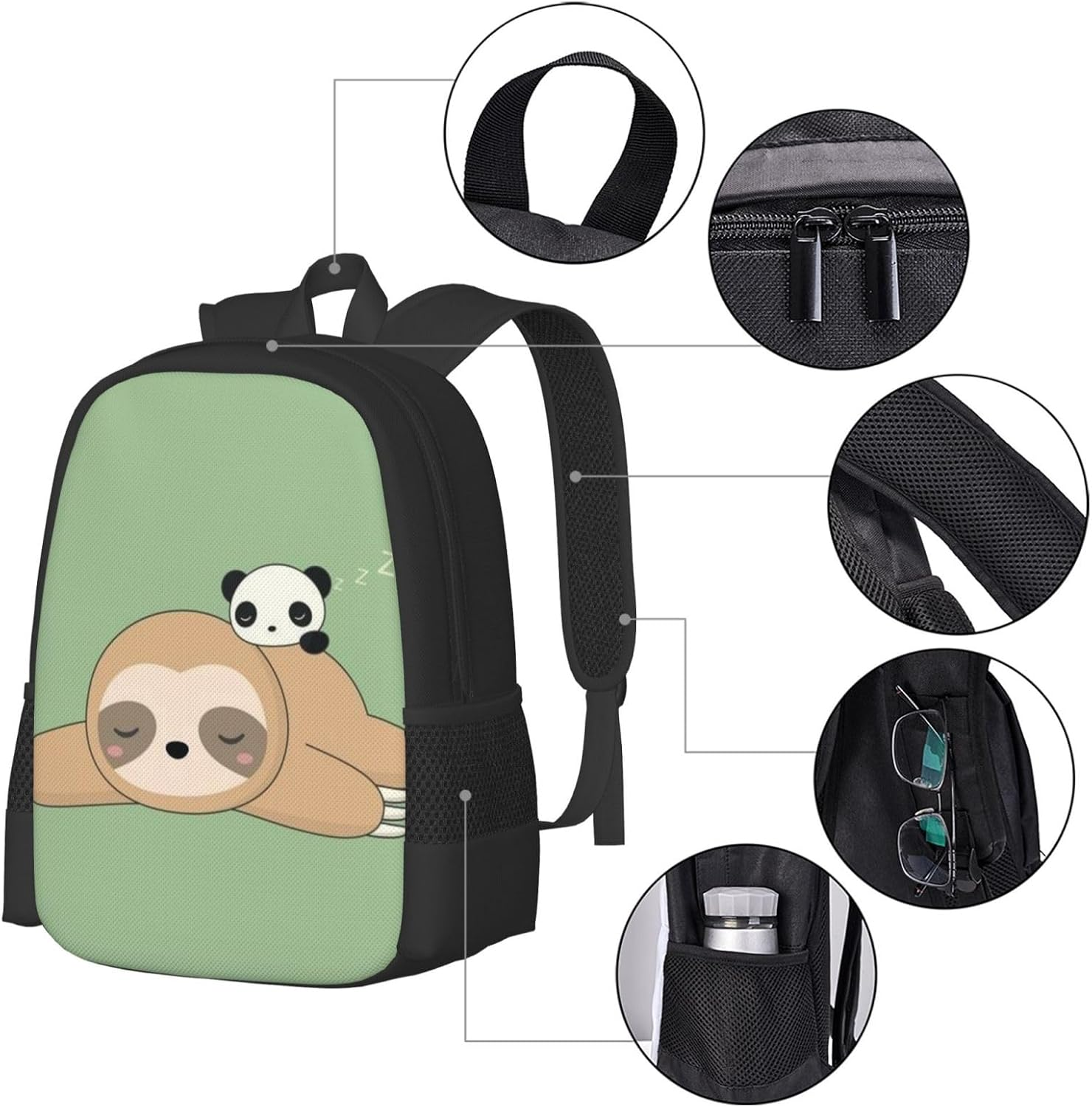 COMAAM Cute Panda and Sloth Simple and Large Capacity Backpack Laptop Bag Can Accommodate 15 Inch Laptops