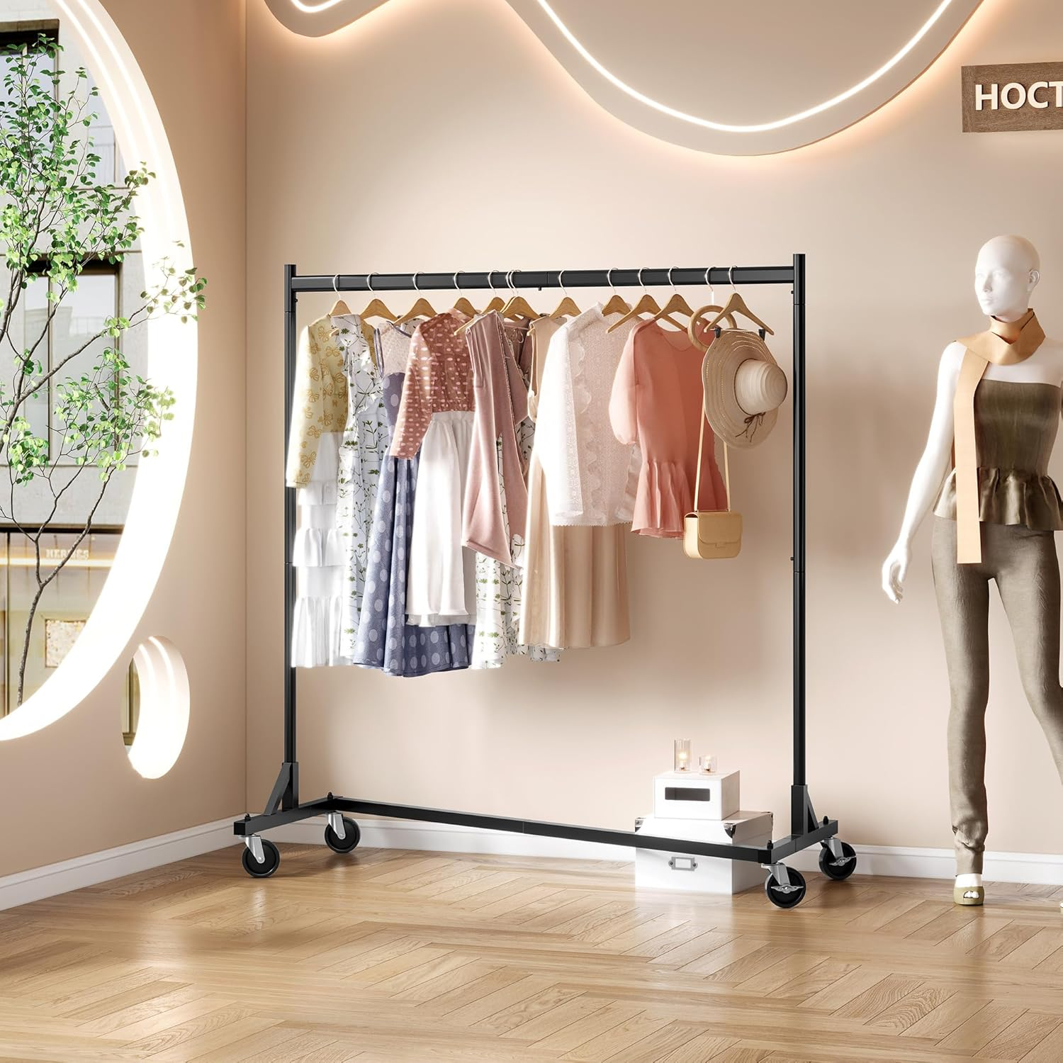 Hoctieon Z Rack Set of 2, Rolling Clothing Racks with Z-Base, Heavy Duty Garment Racks Set of 2, Clothes Rack on Wheels with Brakes, Clothes Organizer Rack, Black image number 6