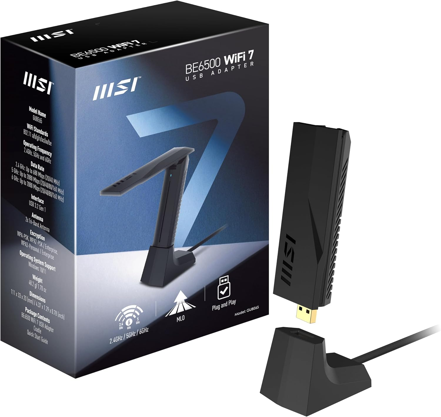 MSI BE6500 USB Wifi 7 Tri-Band Adapter - WLAN up to 6.5Gb/Ss (6Ghz, 5Ghz, 2.4Ghz), USB Type-A 3.2 Gen 1, MLO, Adjustable Antenna, Beamforming, WPA3 - Includes Wired Support image number 3