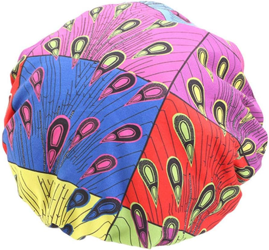 COMVIP 1Pc Adult Satin Bonnet Elastic Band Night Head Cover Sleep Cap B: Peacock image number 3