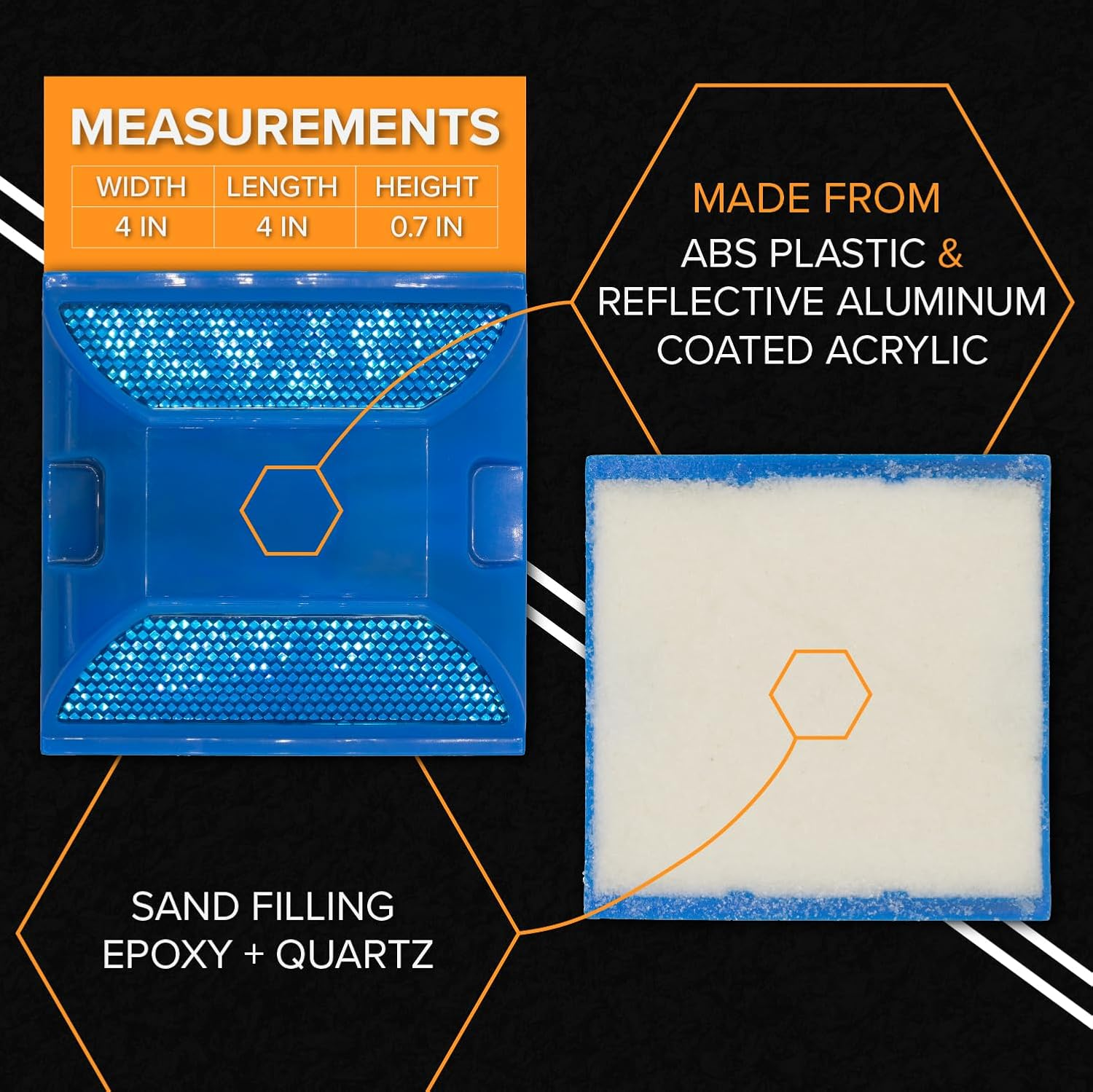 Road Reflectors Pack of 10 | 4 by 4 Inch Street Pavement & Asphalt Stud Markers | Great for Speed Bumps, Sidewalks, Pedestrian Crossings, Freeways & Driveways | Industrial Grade (Blue)