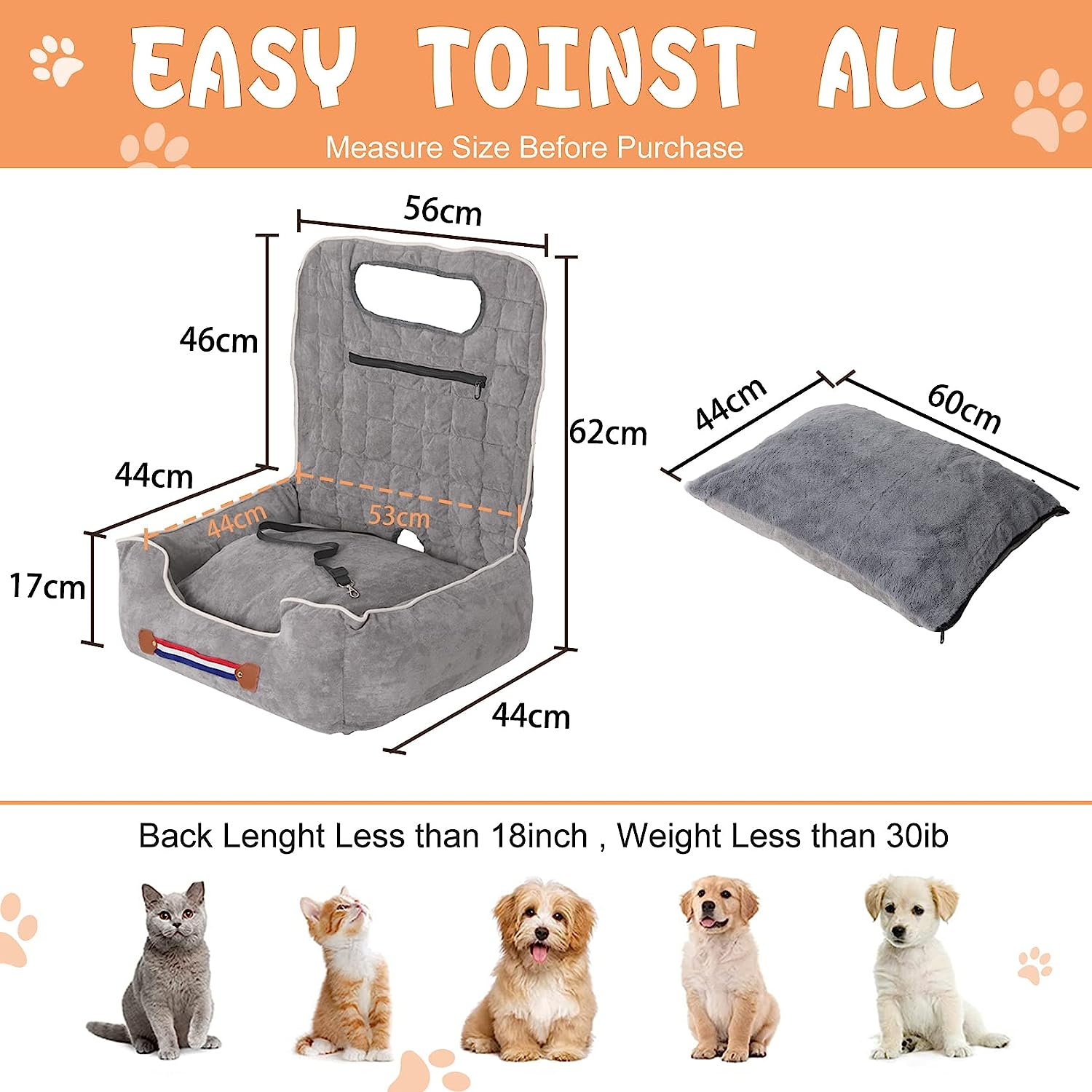 Bingopaw Small Dog Car Seat: Waterproof Pet Puppy Car Seat Booster Carrier with Seat Belt and Storage Pockets Travel Car Bed for Little Dogs, Grey image number 4