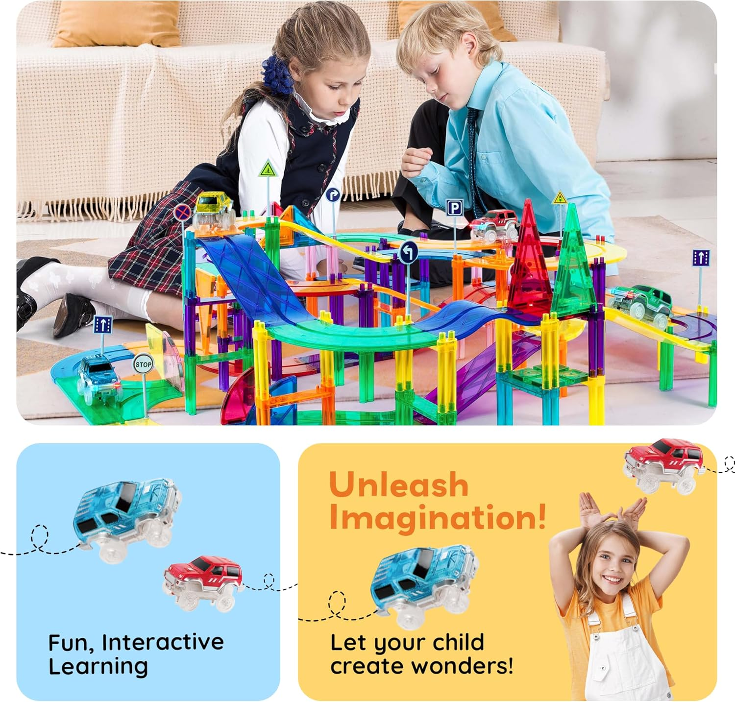 Picassotiles 50 Piece Race Car Track Building Block Educational Toy Set Magnetic Tiles Magnet DIY Playset 2 Light up Car STEM Learning Construction Kit Hand-Eye Coordination Fine Motor Skill Training image number 2