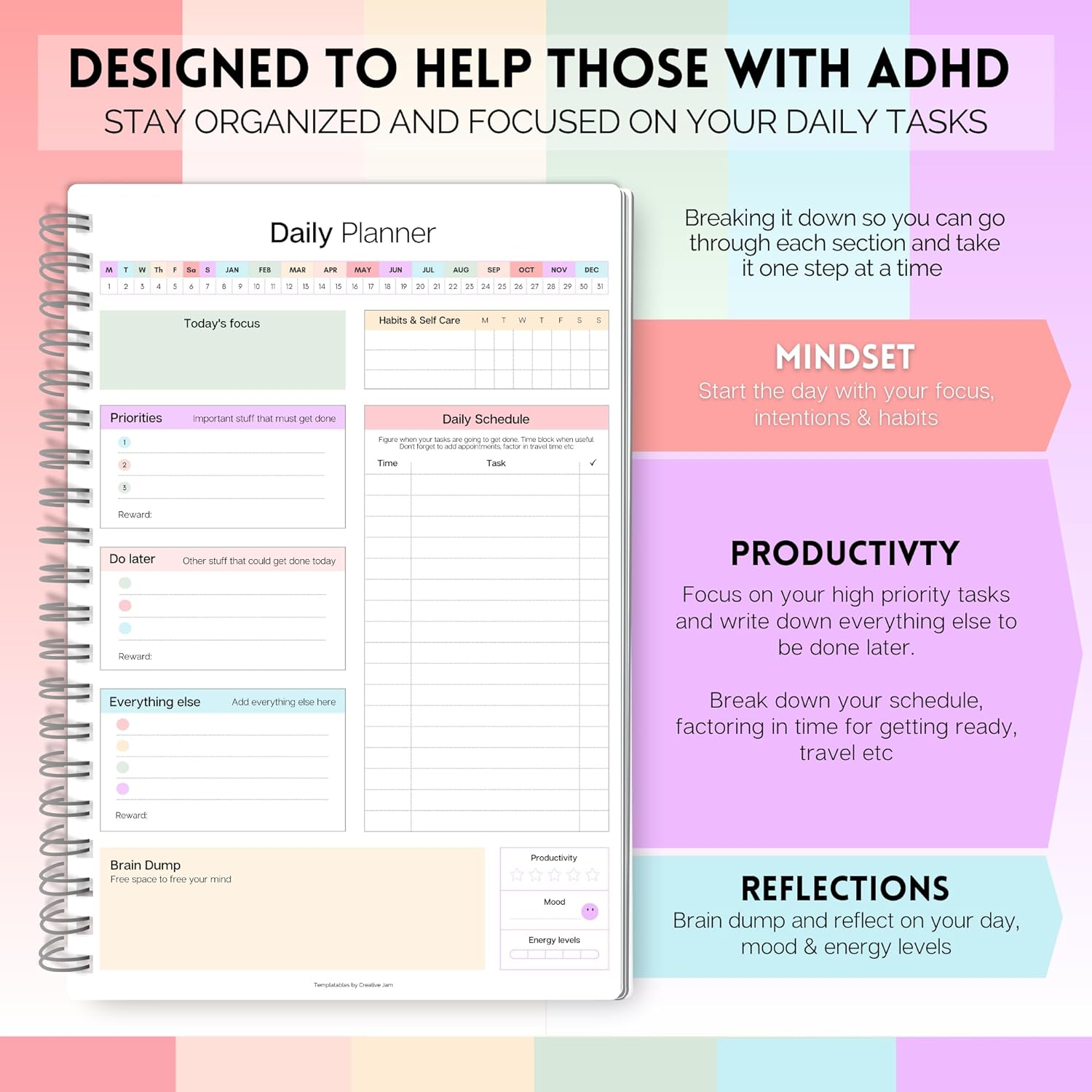 ADHD Daily Planner for Neurodivergent Adults - Productivity Daily Planner & Task Management to Stay Organized and Focused - A5 Pastel Rainbow image number 1