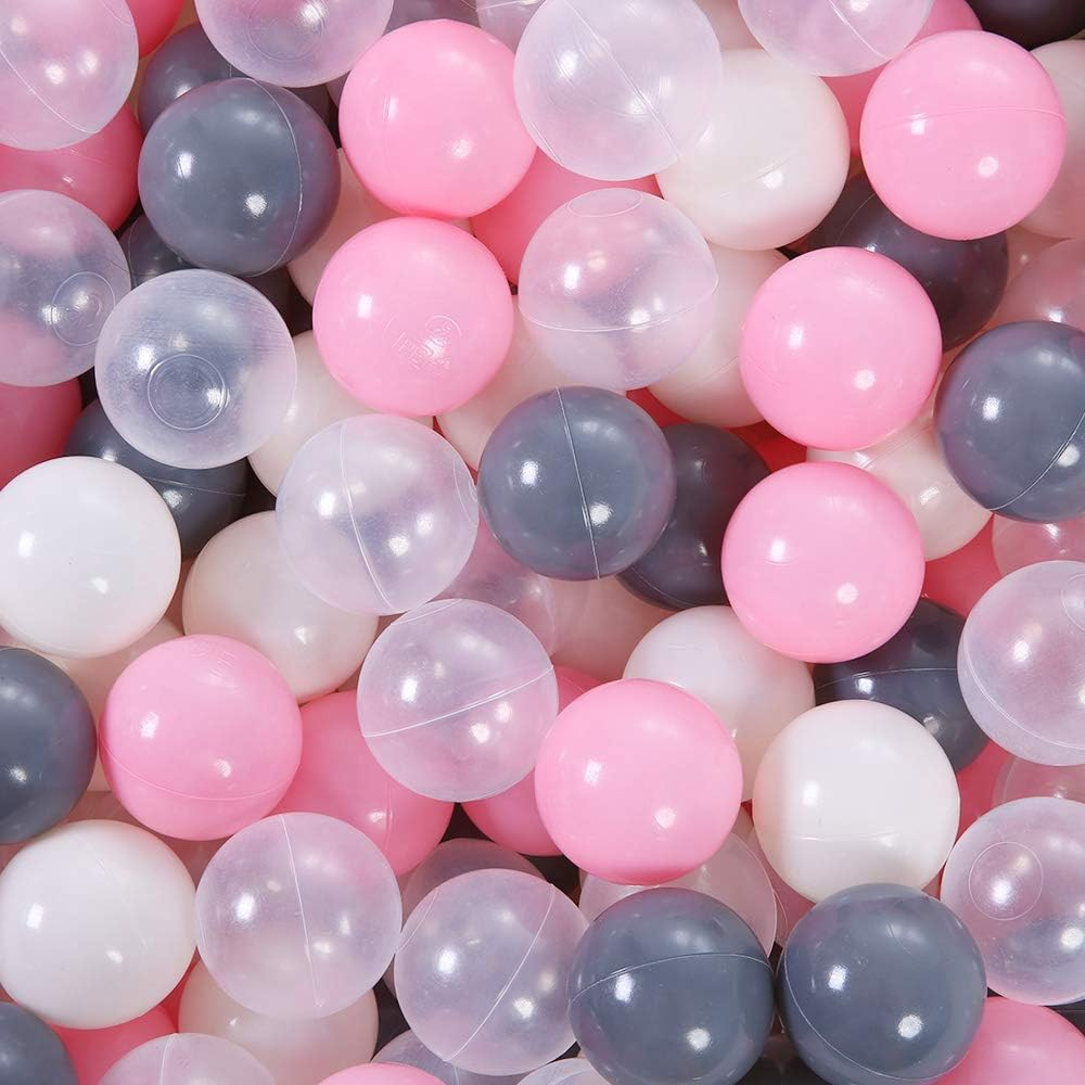 Playmaty Colorful Ball Pit Balls - 100 Pieces Phthalate Free BPA Free Plastic Ocean Balls Crush Proof Stress Balls for Kids Playhouse (Pink/Gray/Whtie/Clear) image number 2