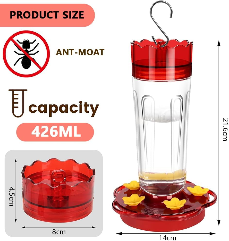 MUSONG 2-Pack 426Ml Hummingbird Feeders for Outdoors &ndash; Bee and Ant Proof, Leak-Proof Plastic Feeder with 5 Feeding Ports, Built-In Ant Moat, Easy-Clean Detachable Base &ndash; Hanging Garden Decor image number 1