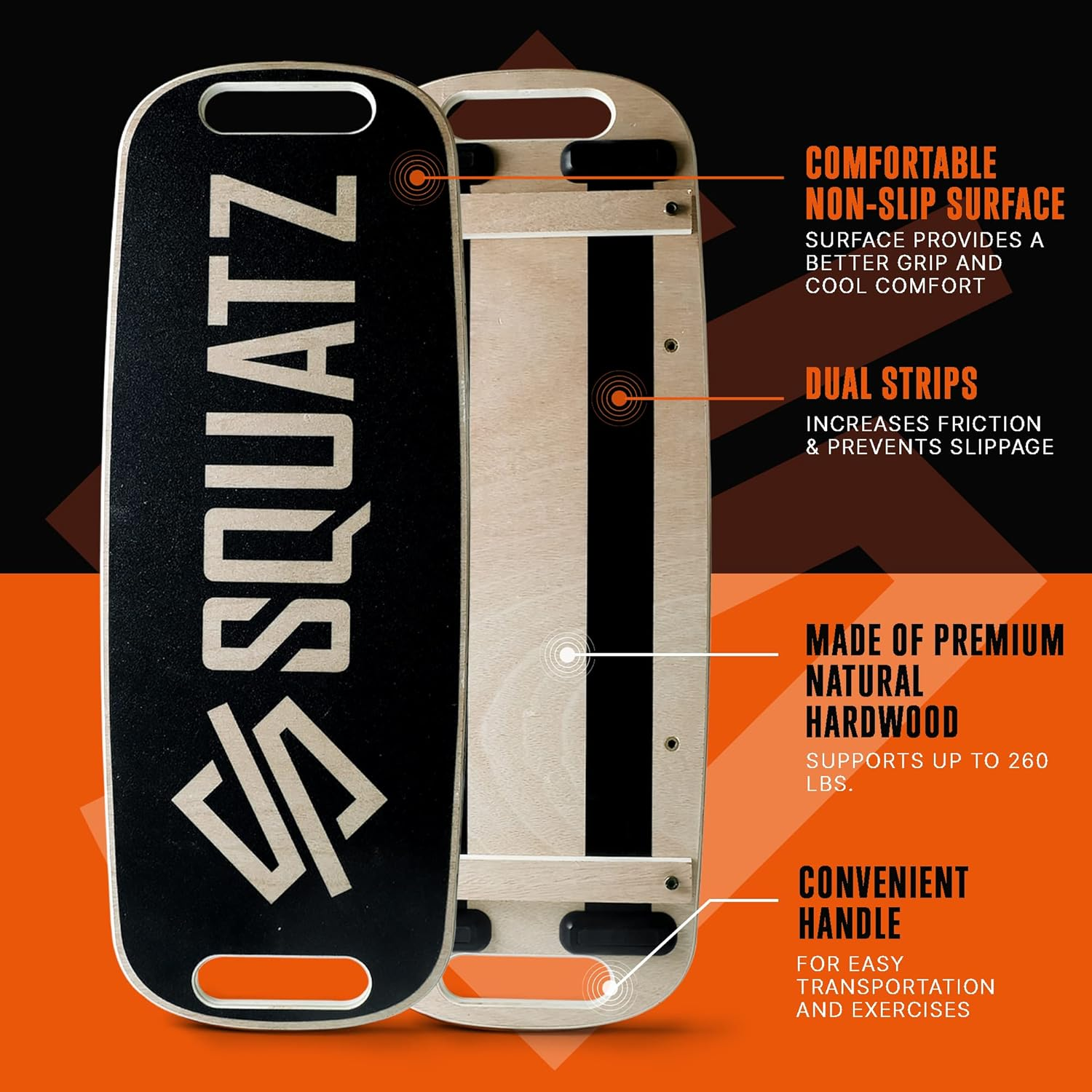 SQUATZ Wooden Balance Board, Standing Desk Exercise Equipment W/ Ergonomic Design & Comfortable Non-Slip Surface, Wobble Board for Skateboard, Hockey, Snowboard, Surf Training, & Includes Digital Workout Program