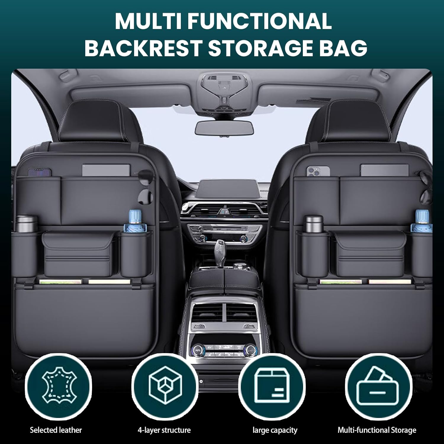 Car Backseat Organizer 2-Pack- Kick Mats Back with 6 Storage Pockets,And Adjustable Buckle Strap Waterproof Car Storage Organizer Backseatuse Premium Leather for Family Road Trips
