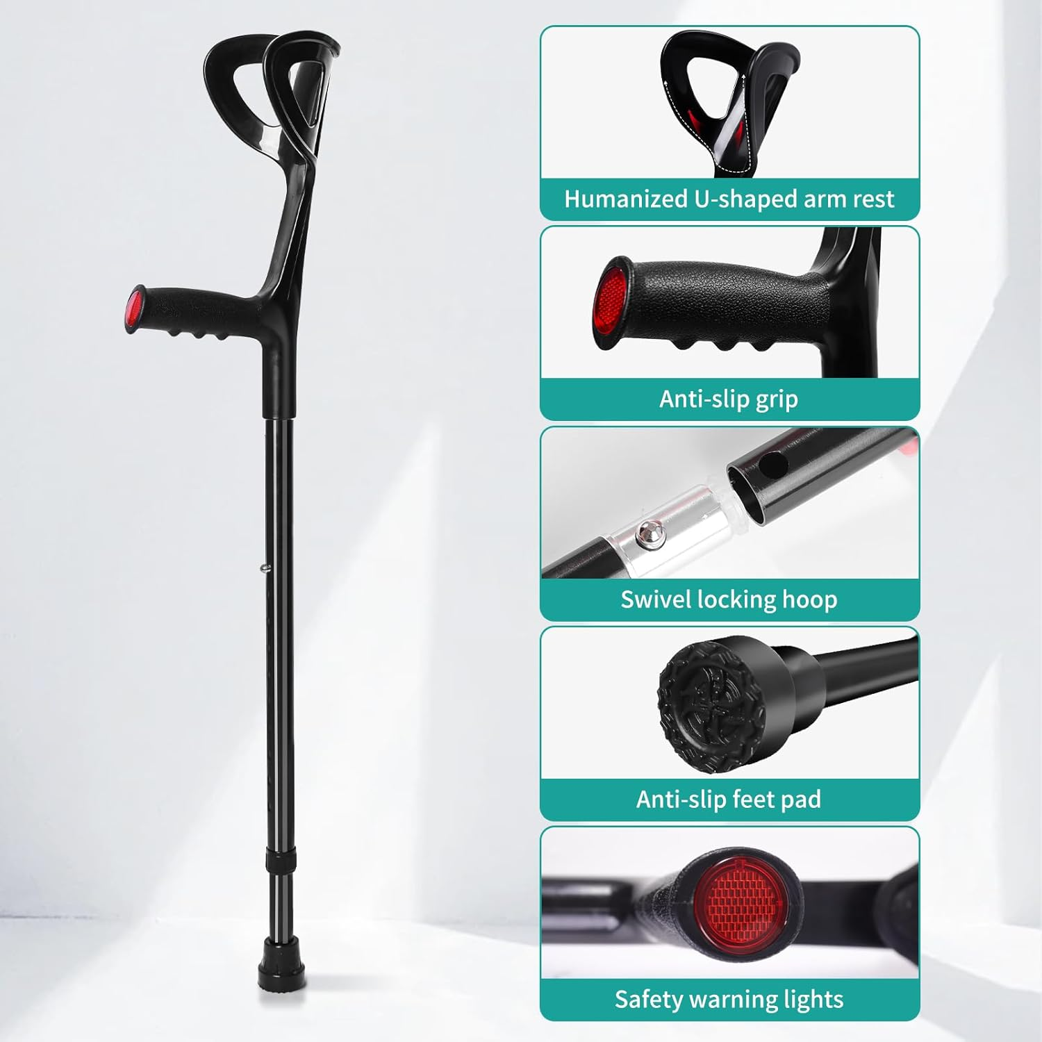 Forearm Crutches for Adults(1 Pair)， Adjustable Adult Crutches with Cuffs, Elbow Cushion, Grip Cushion，Aluminum Lightweight Arm Crutches Forearm for Adults，Foldable Crutch for Walking (Grey) image number 4