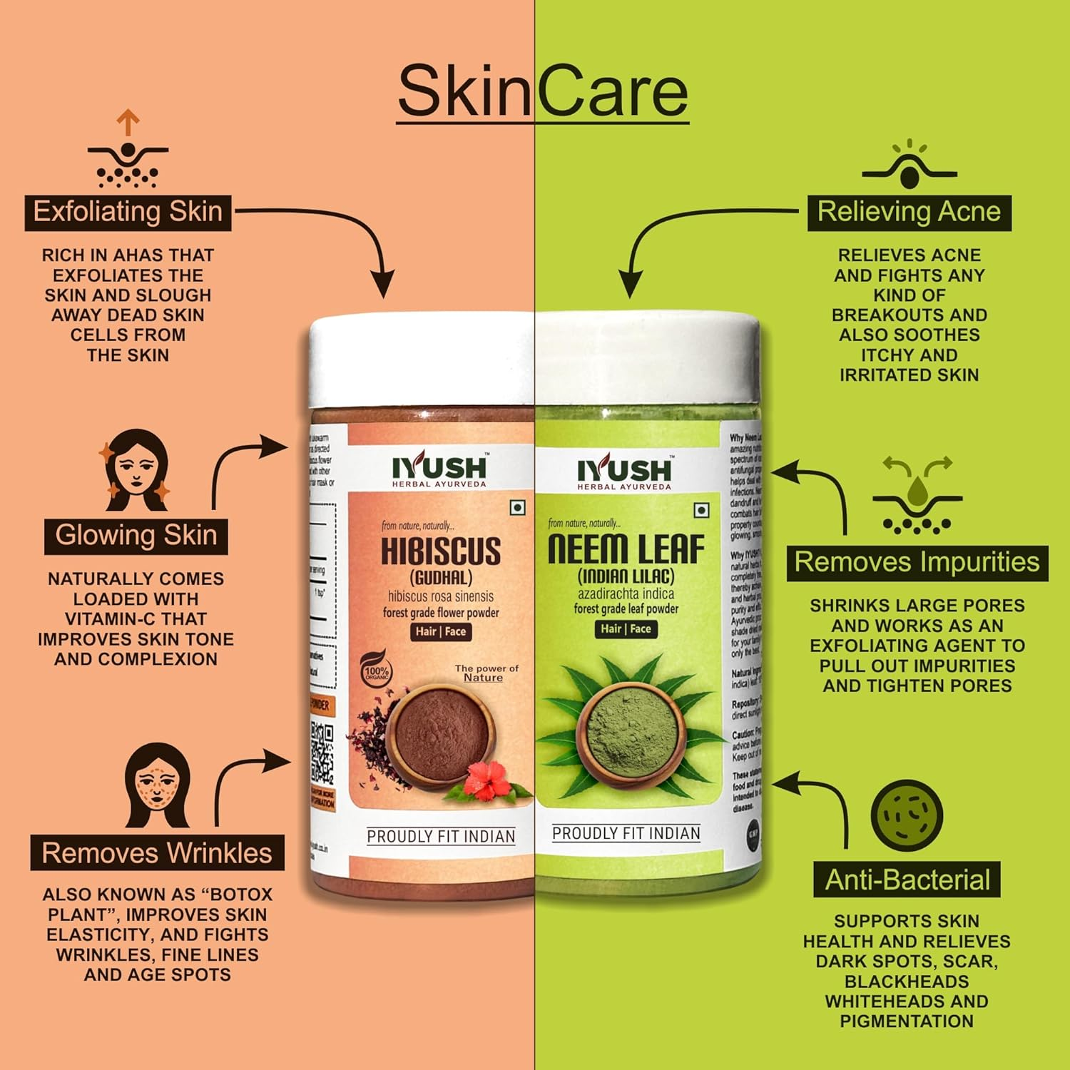 IYUSH Herbal Ayurveda Neem Powder and Hibiscus Powder for Hair Growth &ndash; 200Gm | Hair Mask for Smoothening Hair | Hair Mask for Hair Growth | Face Pack Powder | Skin Care & Hair Care | (100Gm Each)