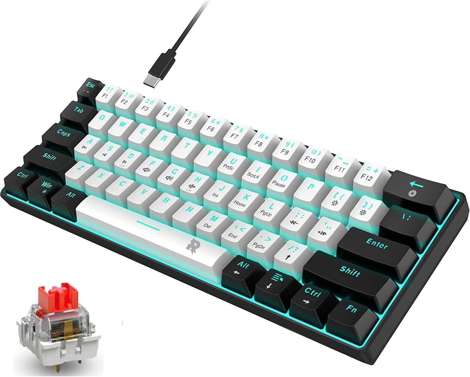 60% Wired Mechanical PC Gaming Keyboard, Ice Blue LED Backlit 61 Keys Mini Wired Office Keyboard for Windows Laptop PC Mac (Black White, Red Switches) image number 5