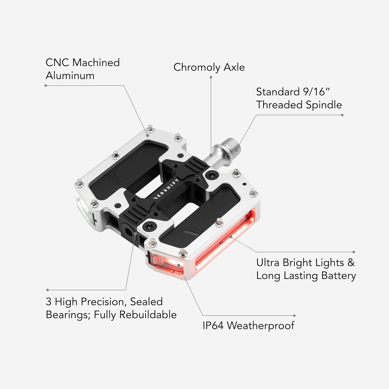 REDSHIFT ARCLIGHT PRO Flat Bicycle Pedals with LED Lights, Auto On-Off, 36+ Hr Battery, USB Rechargeable, Weatherproof, Flat Aluminum Bike Pedal with 9/16In Steel Spindle and Traction Pins image number 1