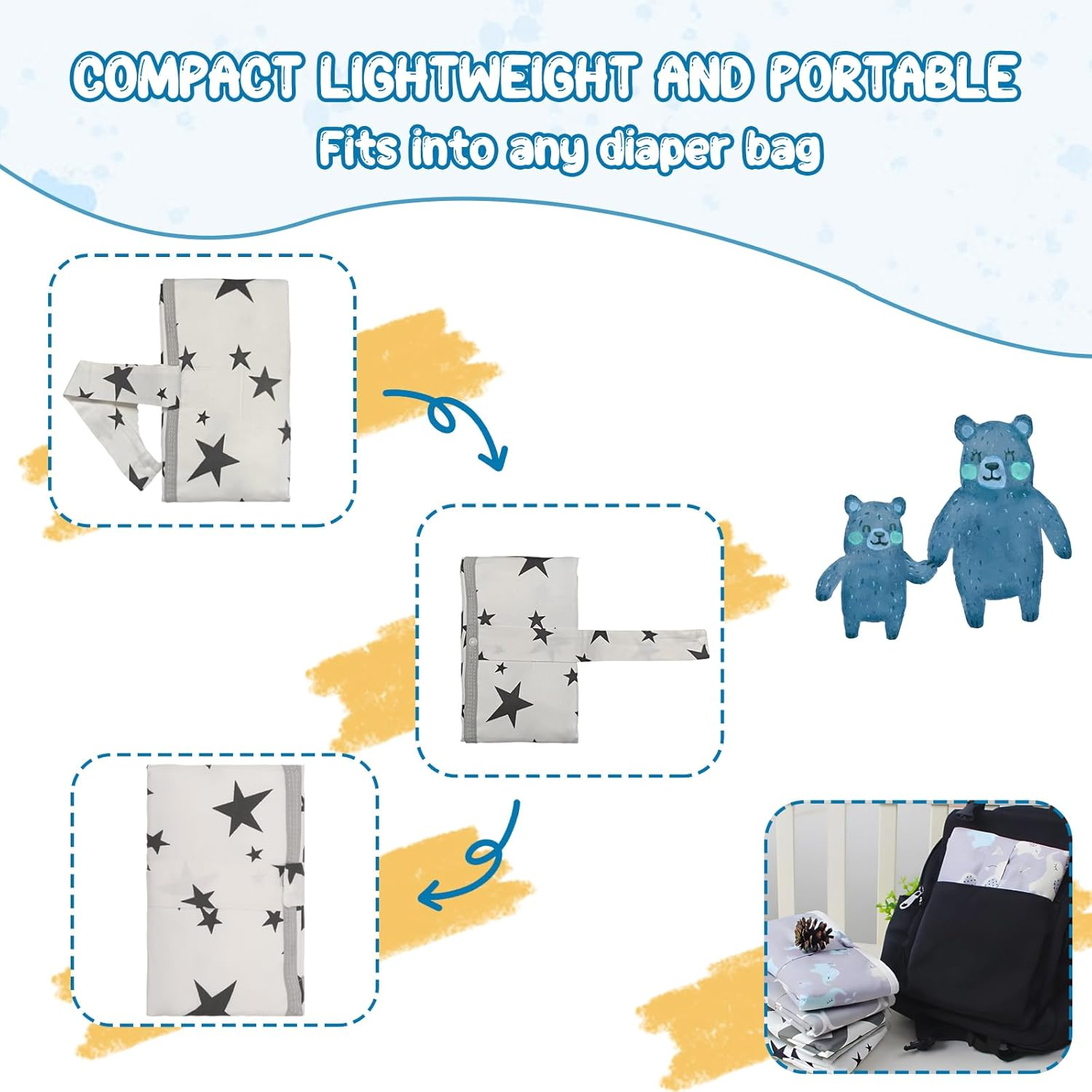 Viiotu Baby Diaper Changing Pads (2 Pack),Large Soft Cotton Foldable Waterproof Changing Pad Mat,Cartoon Travel Reusable Change Mat for Toddler Infants Newborn Boys Girls (2, Black Star,Gray Waves) image number 4