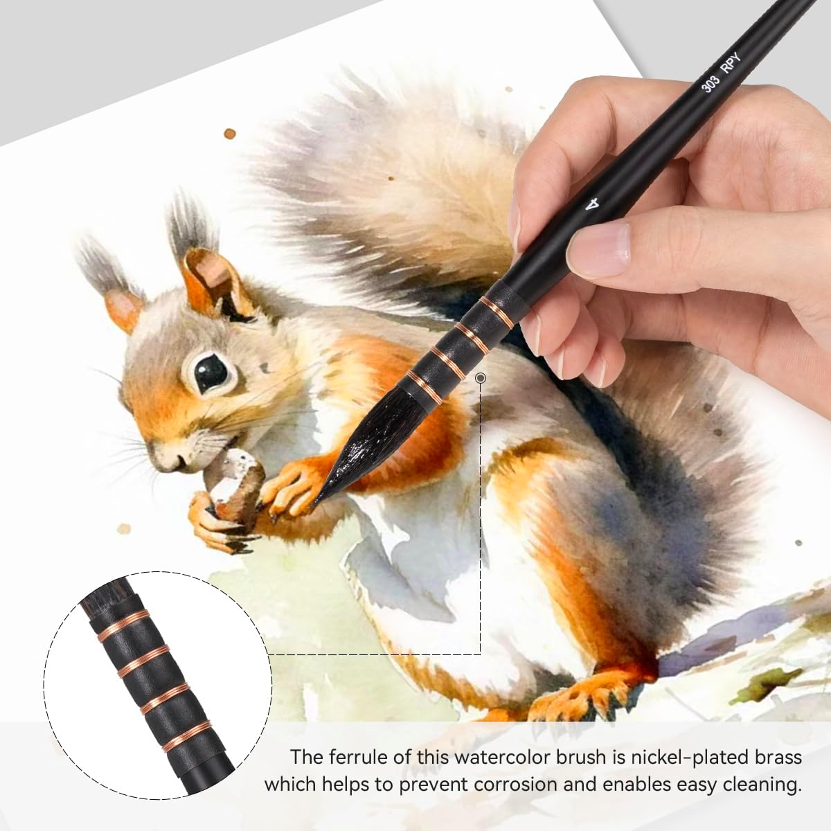 Lightwish Squirrel Watercolour Brushes Set, Paint Brushes Kit for Artists, Adults, and Hobbists, Pointed round Mop Brush for Watercolour Paint, Gouache,4 Pcs image number 4