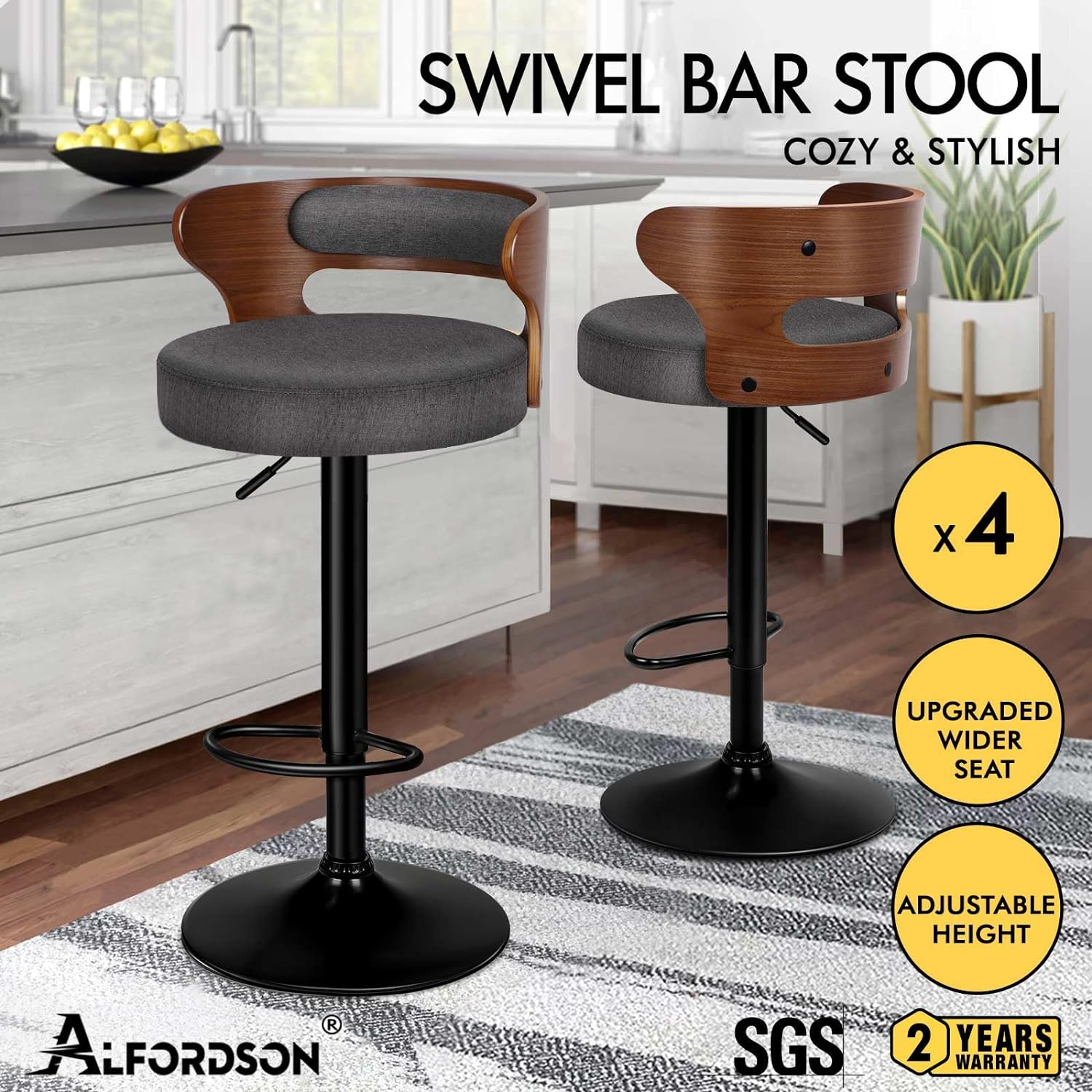 ALFORDSON Set of 4 Bar Stool Adjustable Kitchen Stool Swivel Counter Wooden Dining Chair in 61-82Cm Seat Height Gas Lift, White Bar Sets for Home Dining Room Cafe Shops Bars, Ramiro Fabric Grey image number 2