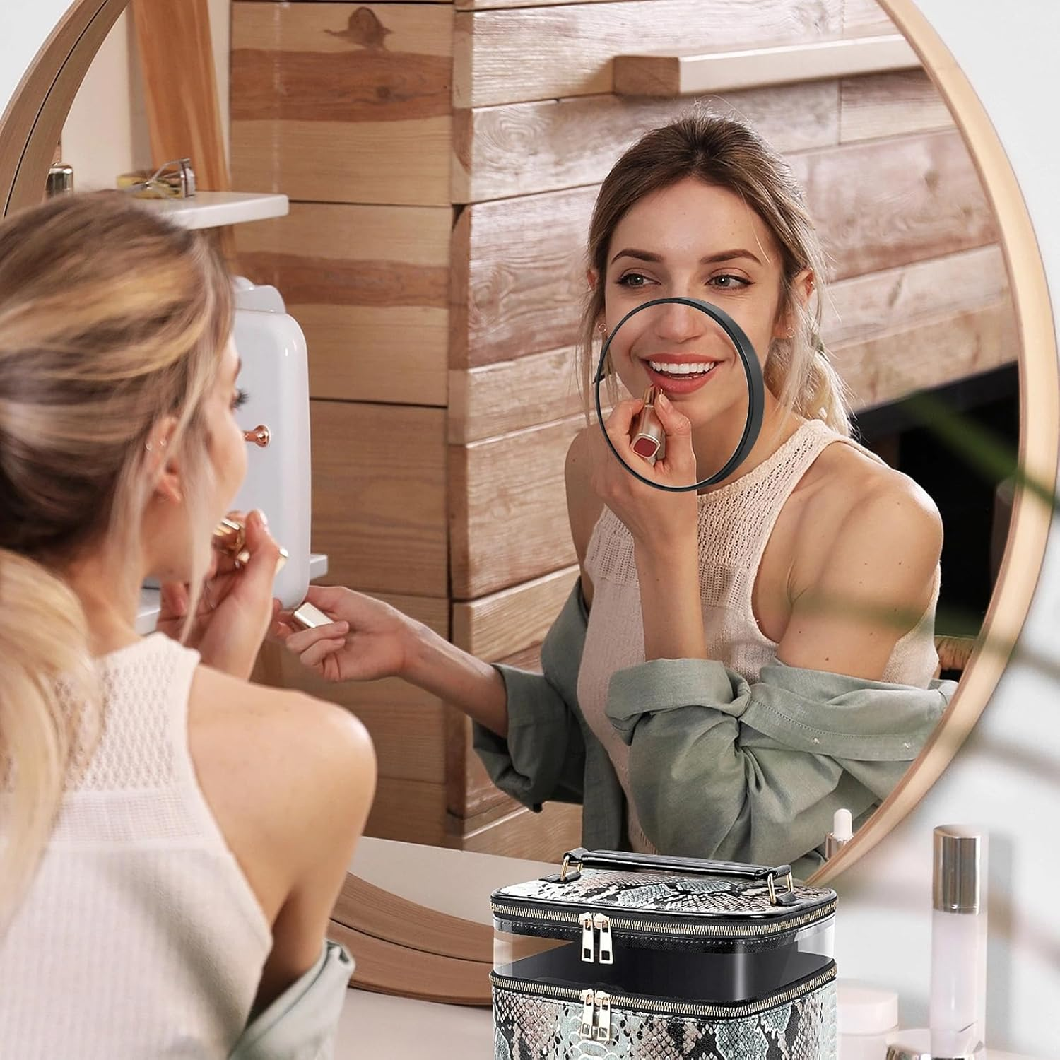 Uvwxba Small Magnifying Makeup Mirror with Suction Cup Slant Flat Tweezers for Precision Eyebrow Plucking Skin Care Compact Travel Mirror (30X) image number 2