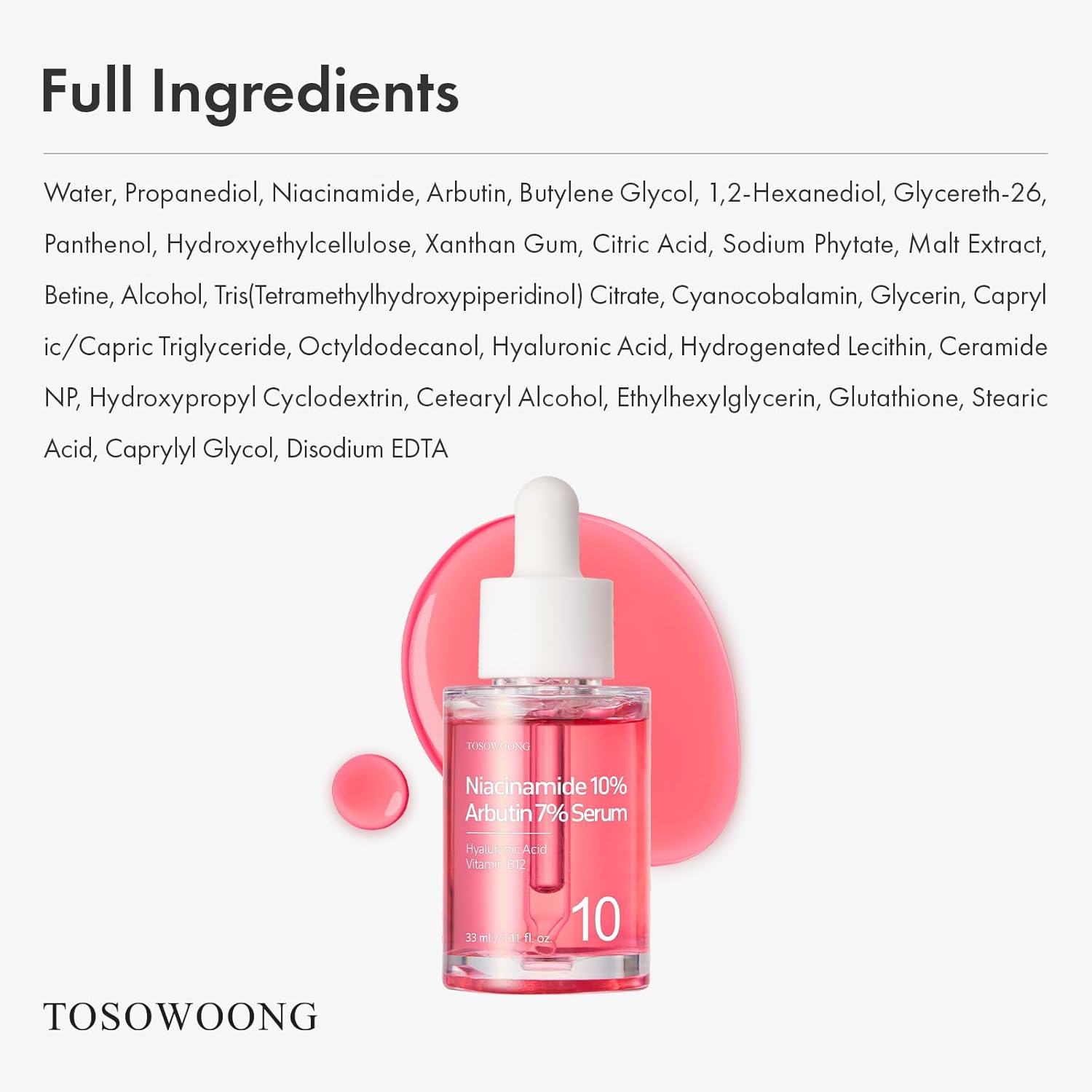 TOSOWOONG Niacinamide 10% Arbutin 7% Serum, Hyperpigmentation, Dark Spot Remover, Discoloration Correcting for Uneven Skin Tone, Glass Skin, All Skin Types, Korean Skincare, 33Ml / 1.11 Fl. Oz. image number 1