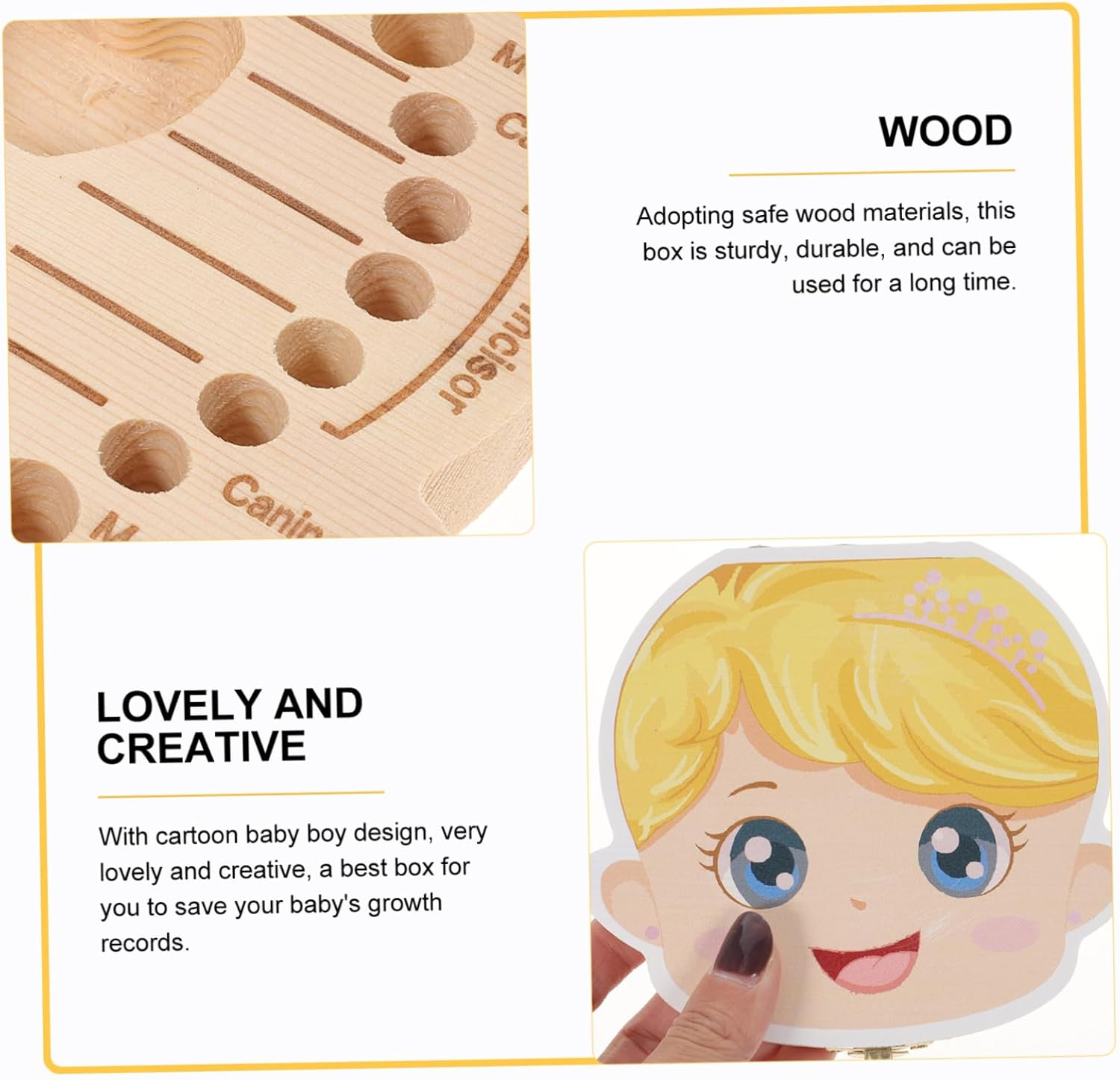Deciduous Tooth Box Boys and Girls Keepsake Cartoon Design First Tooth Case Wooden Material Shower for Boy Girl image number 5