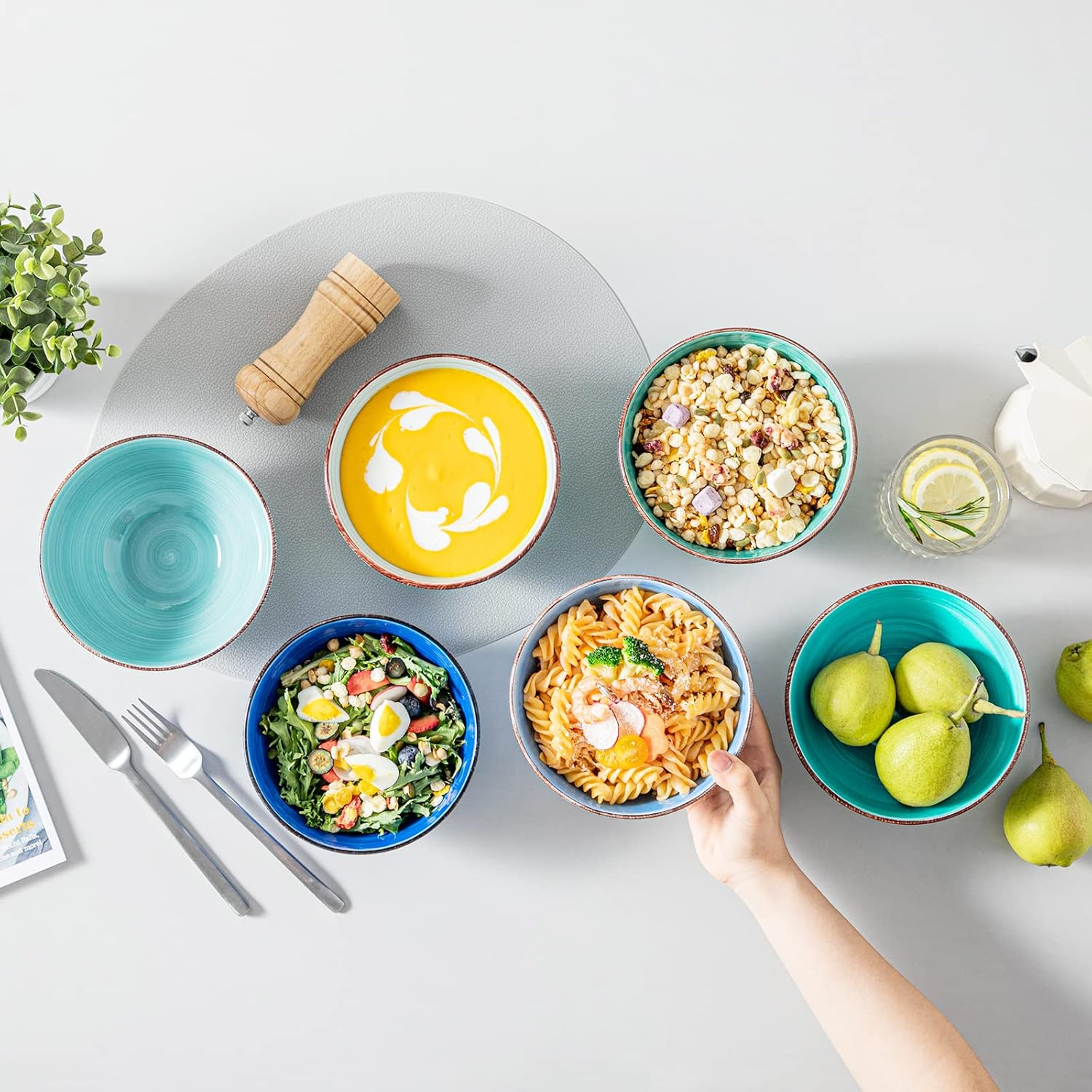 Vancasso Bonita Cereal Bowls Set of 6, 27 Oz Ceramic Soup Bowls, Serving Bowls for Salad, Noodle, Porridge, Rice, Dishwasher & Microwave Safe, Cool Color - Warm Color image number 6