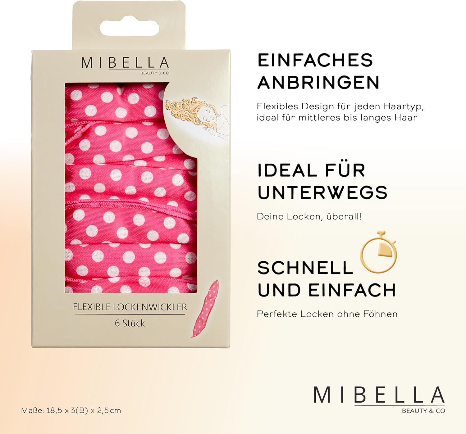 MIBELLA BEAUTY & CO Overnight Hair Rollers without Heat Pack of 6 - Heatless Hair Curler for Easy Curls without Heat during Sleep - Easy to Use, Gentle on Hair