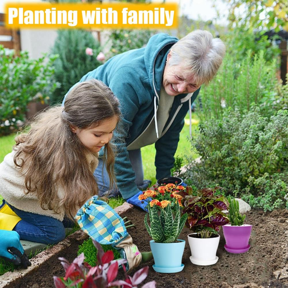 36Pcs 4 Inch Plastic Plant Pot Set, FHDUSRYO 16 Small Flower Pots with Saucers, Thickened Seedlings Nursery Pots with 18 Label 2 Tool, Colorful Flower Plant Container Seed Starting Pot for Home Garden image number 3