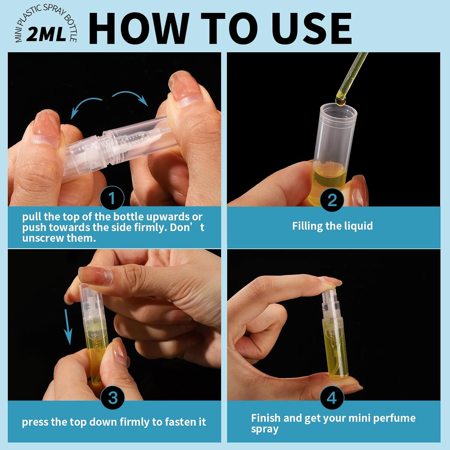 Fandamei Mini Spray Bottle, 60PCS 2Ml Mini Clear Plastic Spray Bottle Empty, Fine Mist Refillable Mini Perfume Bottle. Small Empty Sample Containers Bottle. 2Ml, 60 Pack, Clear, FANL-093 image number 5