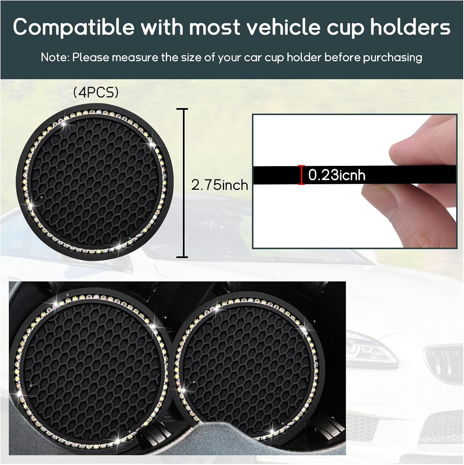 4 PCS Bling Car Cup Coaster, 2.75 Inch Crystal Rhinestone Auto Cup Holder Insert Coaster, Anti-Slip Durable Car Drink Cup Mat, Universal Vehicle Interior Decor Accessories (Black & AB) - Black  Colorful image number 3
