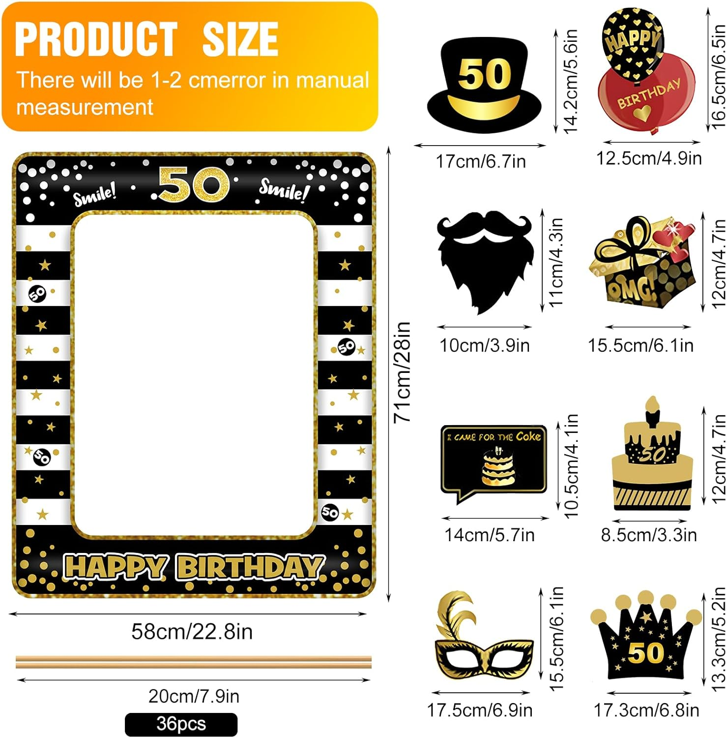 50Th Birthday Photo Booth Props and Inflatable Selfie Frame, 35 Pcs 50Th Funny DIY Birthday Party Props for Women Men, Black Gold Inflatable Party Photo Booth Frame image number 1