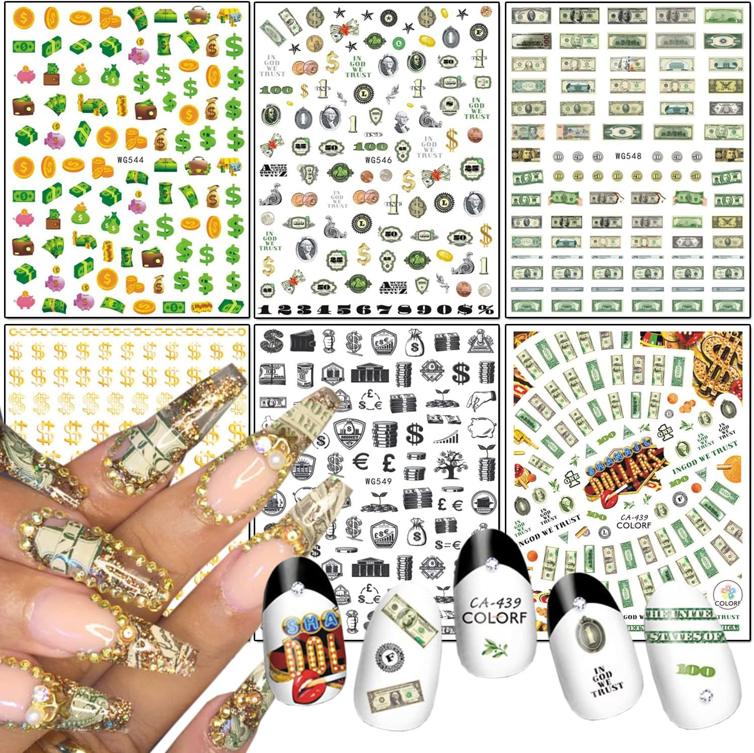 Money Nail Art Stickers, Interesting Dollar Nail Art Decals 3D Self-Adhesive Nail Sticker Design Holographic Funny Money Nail Decal for Women Girls Manicure Charms Decorations DIY Lucky Nail Art Tips image number 2