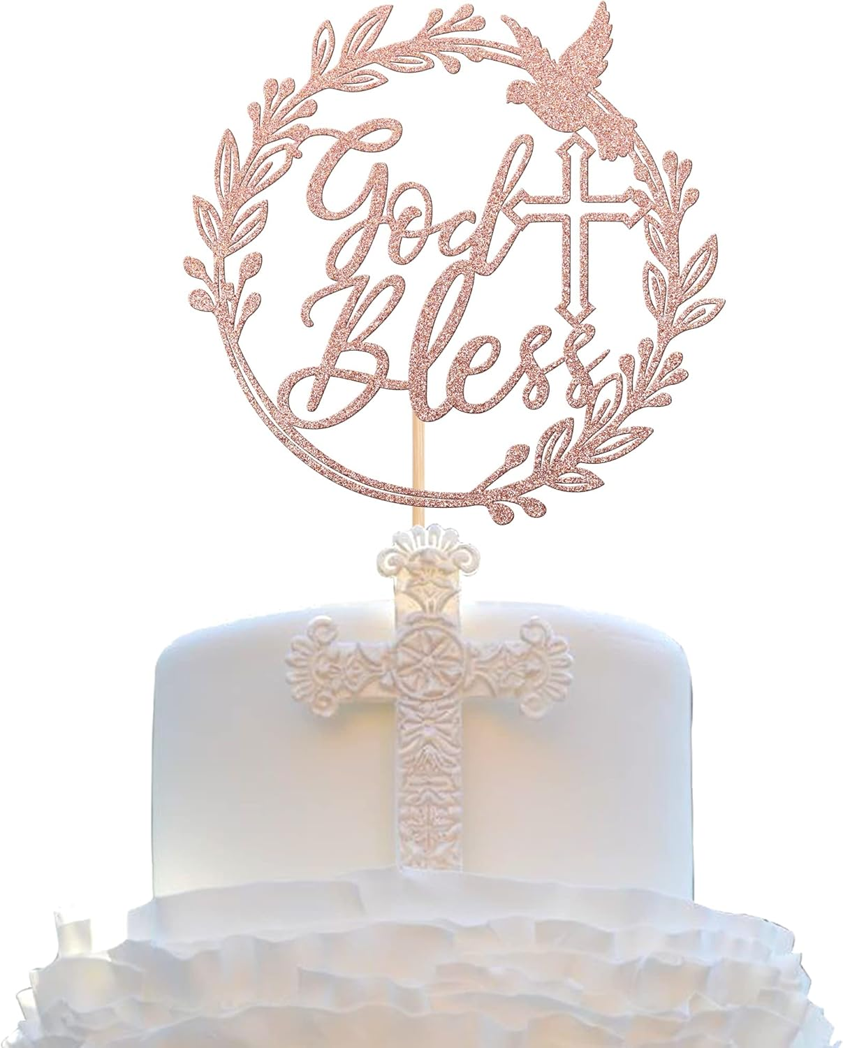 SYKYCTCY 1 Pack God Bless Cake Topper with Dove Glitter Cross First Holy Communion Cake Pick for Celebration Christening Religious Baptism Baby Shower Birthday Party Cake Decorations Rose Gold