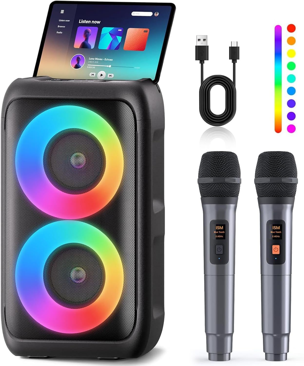 YLL Karaoke Machine, Portable Bluetooth Karaoke Speaker with 2 Wireless Microphones for Adults Kids, PA System with Colorful Lights, Supports TWS/AUX/USB/TF Card, Christmas Gifts for Home Party image number 6