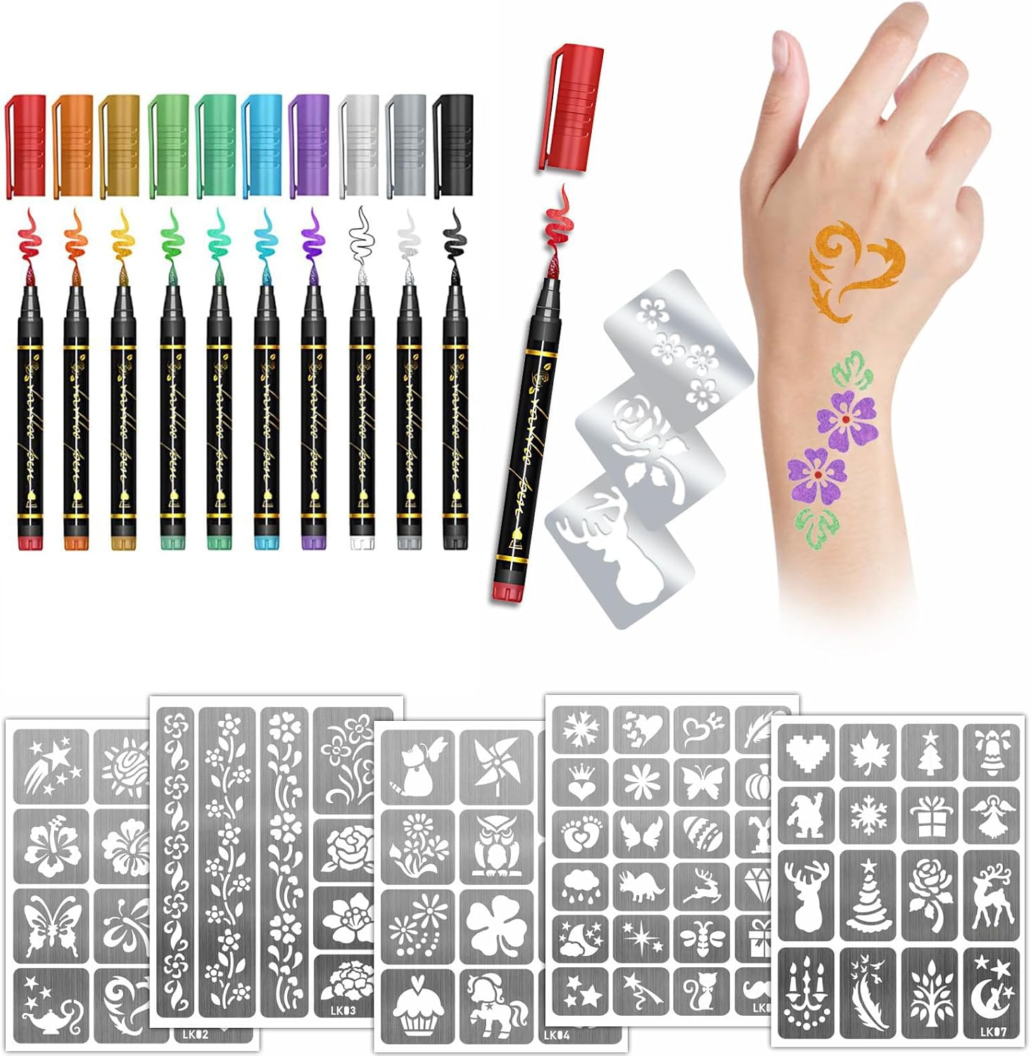 Temporary Tattoo Markers for Kids and Adults, 10 Metallic Markers and 155 Tattoo Stencil Designs, Cosmetic Tattoos Pens for Party Favor Gift and Face Painting image number 6