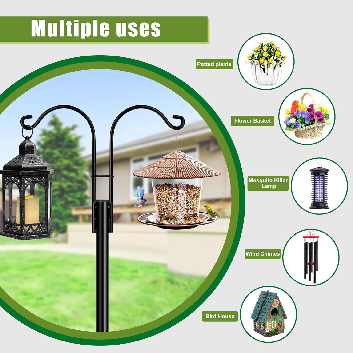 Double Shepherds Hooks for Outdoor, 2-Pack Heavy Duty Two Sided Garden Pole for Hanging Bird Feeder, Plant Baskets, Solar Light Lanterns, Garden Plant Hanger Stands with 5 Base Prongs(92 Inch) image number 1