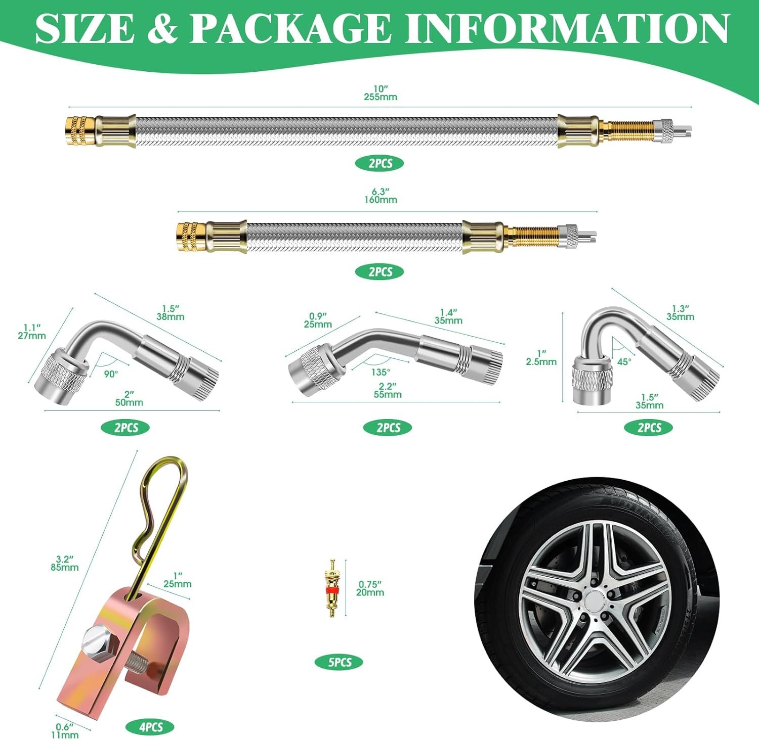 15Pcs Valve Stem Extension with Tire Valve Stem Cores Kit, 45 90 135 Degree Stainless Steel Valve Stem Extender and 7" 12" Brass Braided Stem Extension Adaptors for Most Cars Truck image number 4
