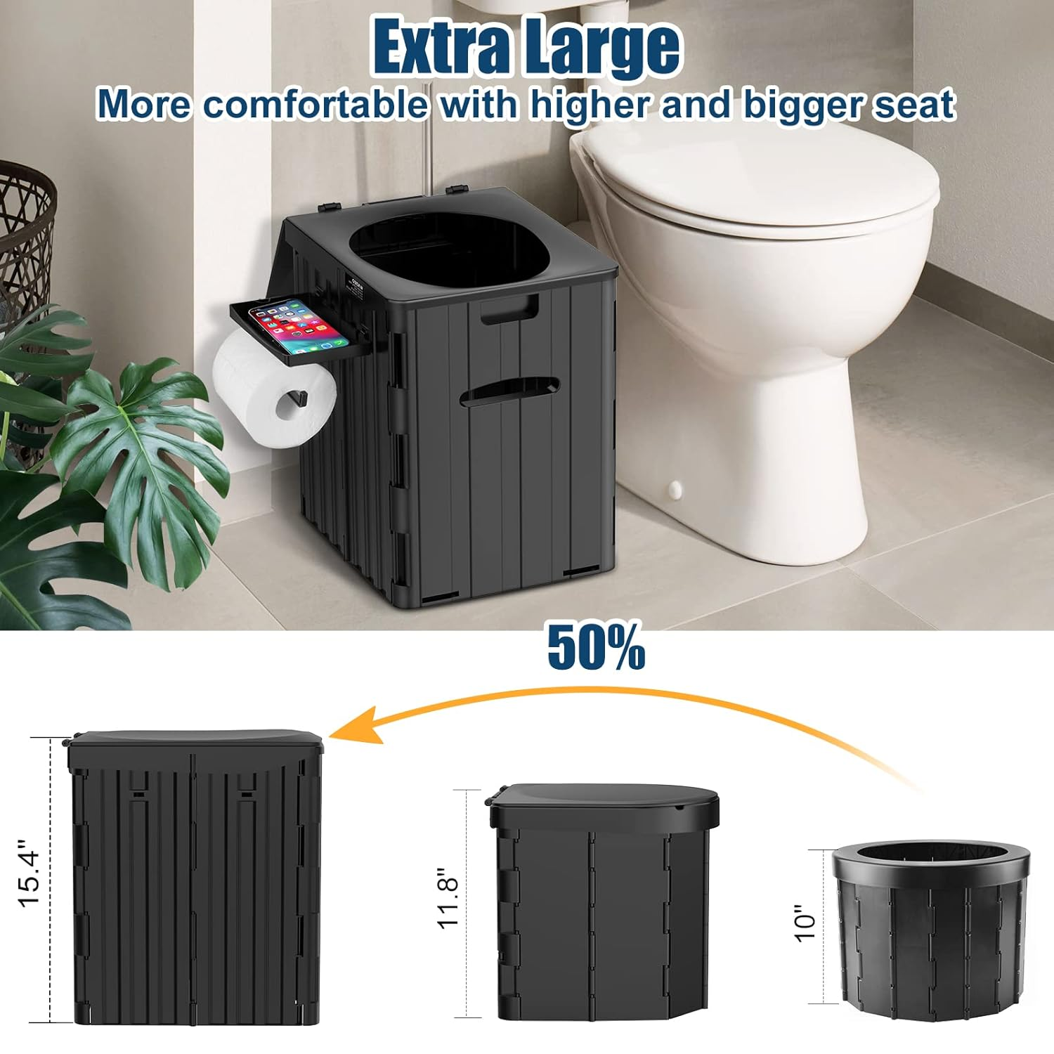 PAHTTO XL Portable Toilet for Adults, Extra Large 15.4''H Foldable Camping with Detachable Phone Shelf & Paper Holder, Waterproof Porta Potty Lid Camping, Hiking, Long Road Trips, Car, Black image number 3