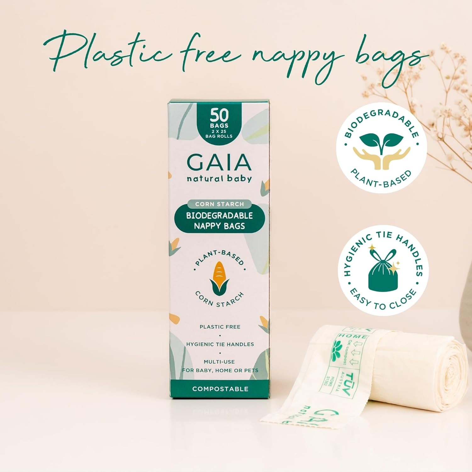 GAIA Natural Baby Biodegradable Nappy Bags | Plastic Free Cornstarch Bags | Easy‑Tie Handles | Hygienic Nappy Disposal | Eco‑Friendly & Compostable | Australian Brand | 50Pk image number 2