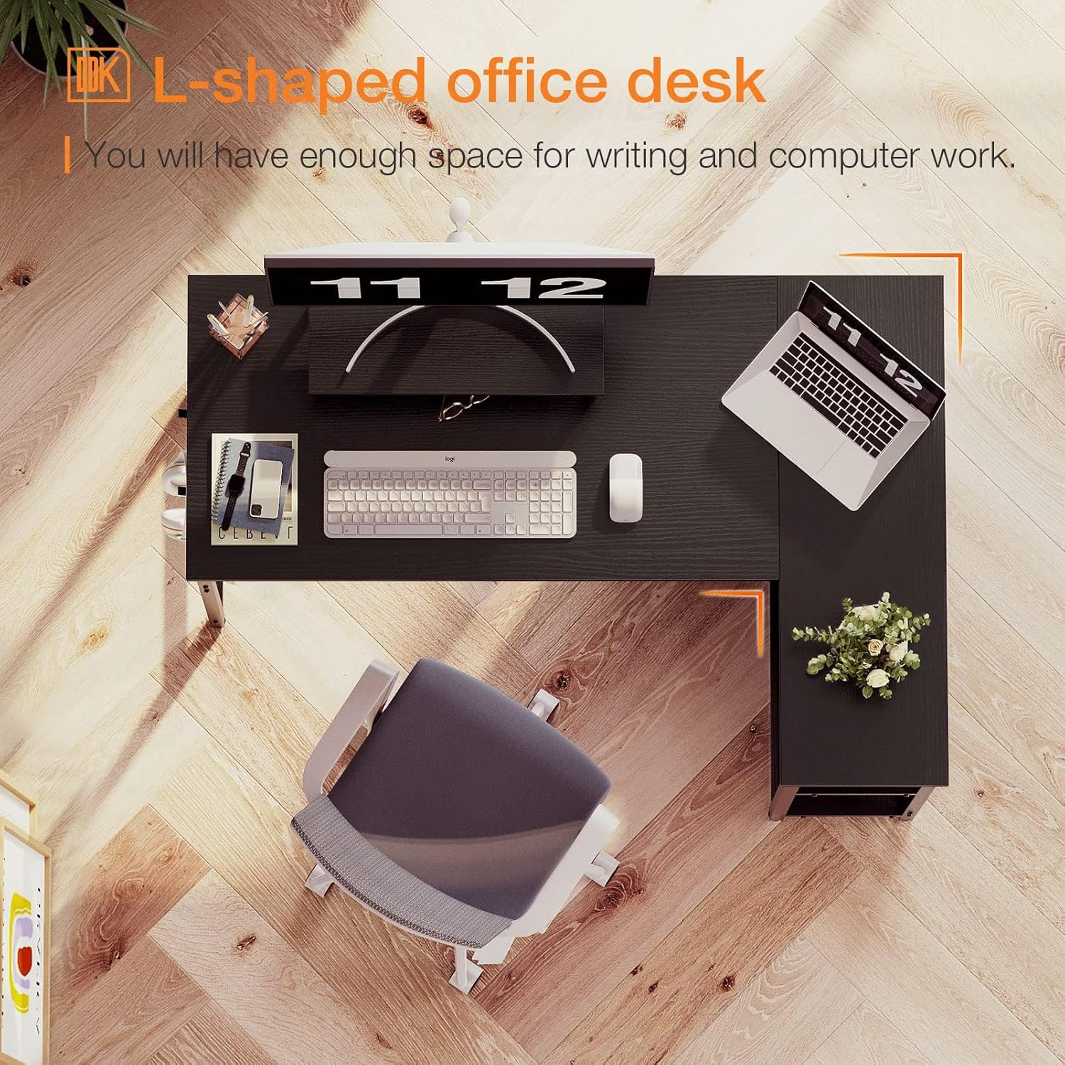 ODK L Shaped Computer Desk with Reversible Storage Shelves, 118 * 80 * 86.4Cm, Corner Desk with Monitor Stand&Headphone Hook, Home Office Desk, Modern Simple Writing Table, Black image number 5