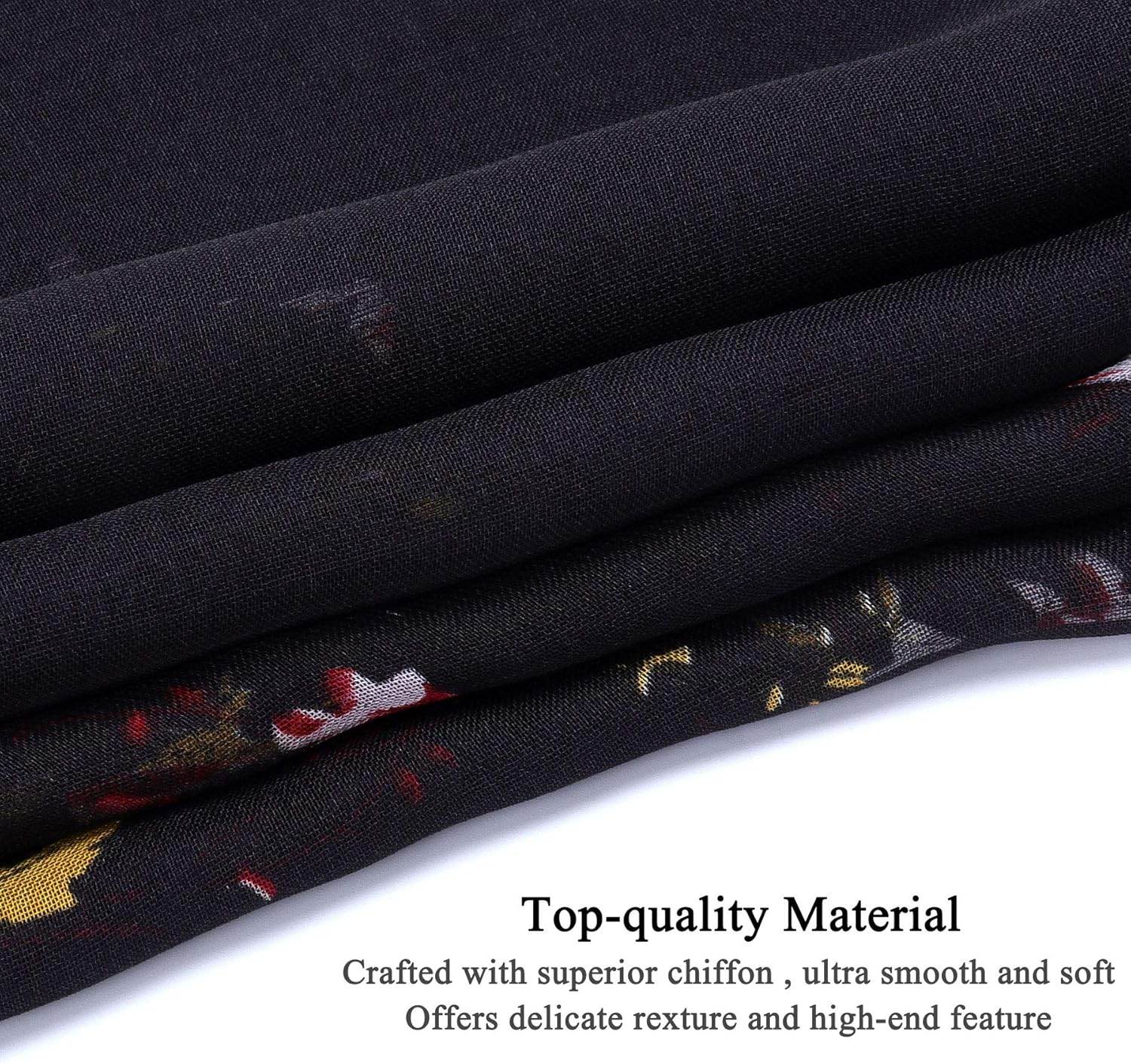 Floral Print Chiffon Scarf - Womens Fashion Scarfs Lightweight Head Scarf Sunscreen Scarves Shawls Wrap for Women - Black+White image number 7