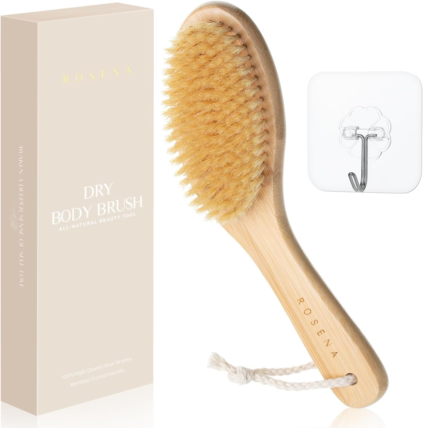 ROSENA Dry Brushing Body Brush with Curved Handle - Dry Brush Natural Boar Bristles, Bamboo, Ergonomic Design for Exfoliating & Lymphatic Drainage, Sustainable Materials