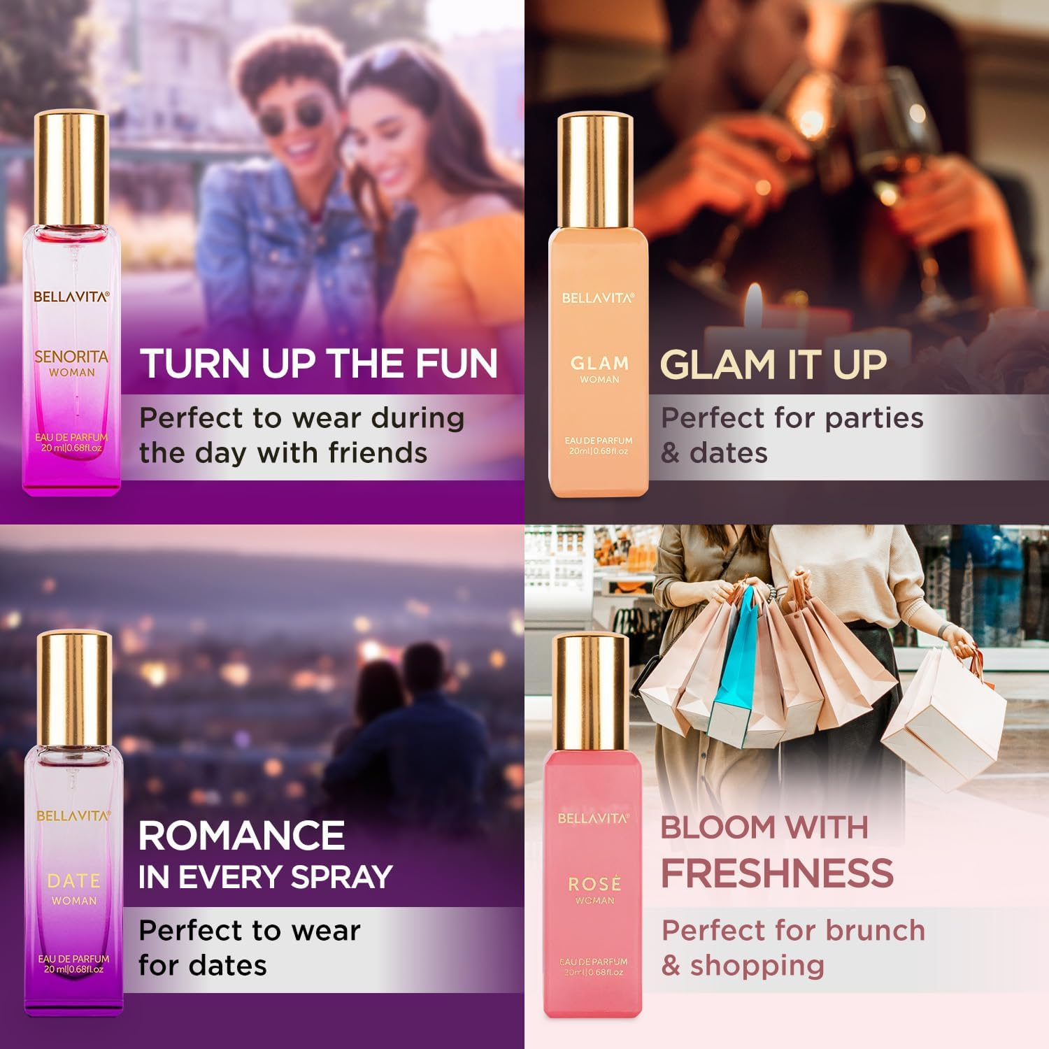 Bellavita Luxury Eau De Parfum Set for Women (4X20 Ml) with Date, Senorita, Glam, Rose | Vanilla, Floral, Sweet, Musk | Perfect for Trials, Gifting, or Blending to Craft Your Unique Fragrance image number 3