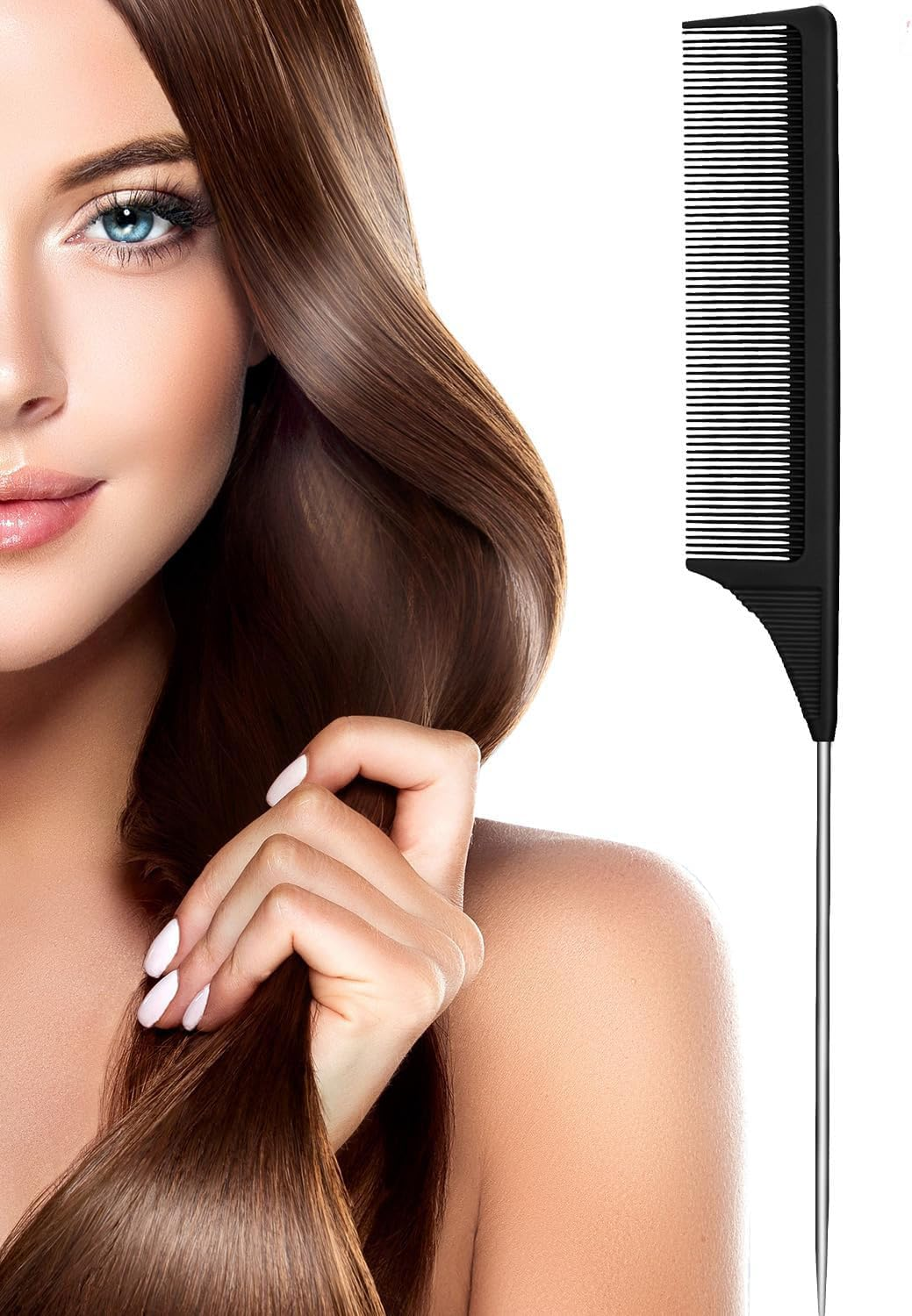 Set of 3 Black Rat Tail Combs - Heat Resistant Carbon Fiber Teasing Combs with Stainless Steel Pintail image number 5