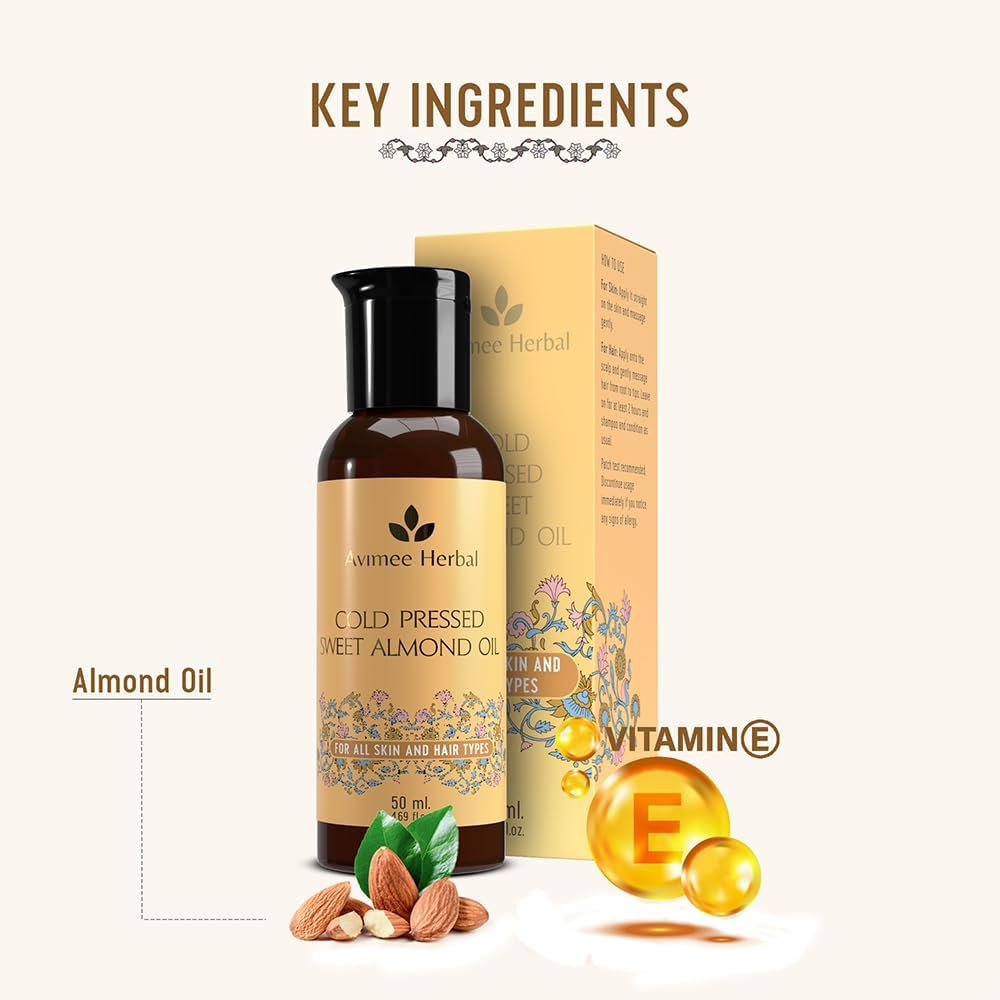 AVIMEE Herbalpure Cold Pressed Sweet Almond Oil | Fights Split Ends & Strengthens Hair | Enriched with Vitamin E | Mineral Oil Free | 50 ML