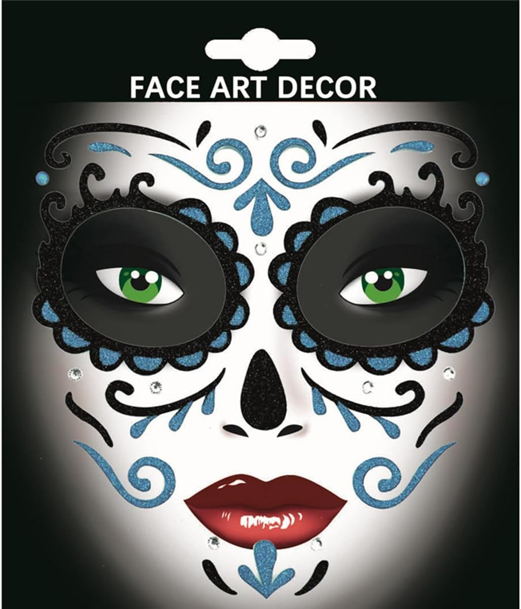 Day of the Dead Face Gems Jewels Self Adhesive Face Glitter Sugar Skull Costume Makeup Festival Rhinestone Stickers Temporary Tattoos Jewelry for Women/Men/Adults - Scary_Red image number 4