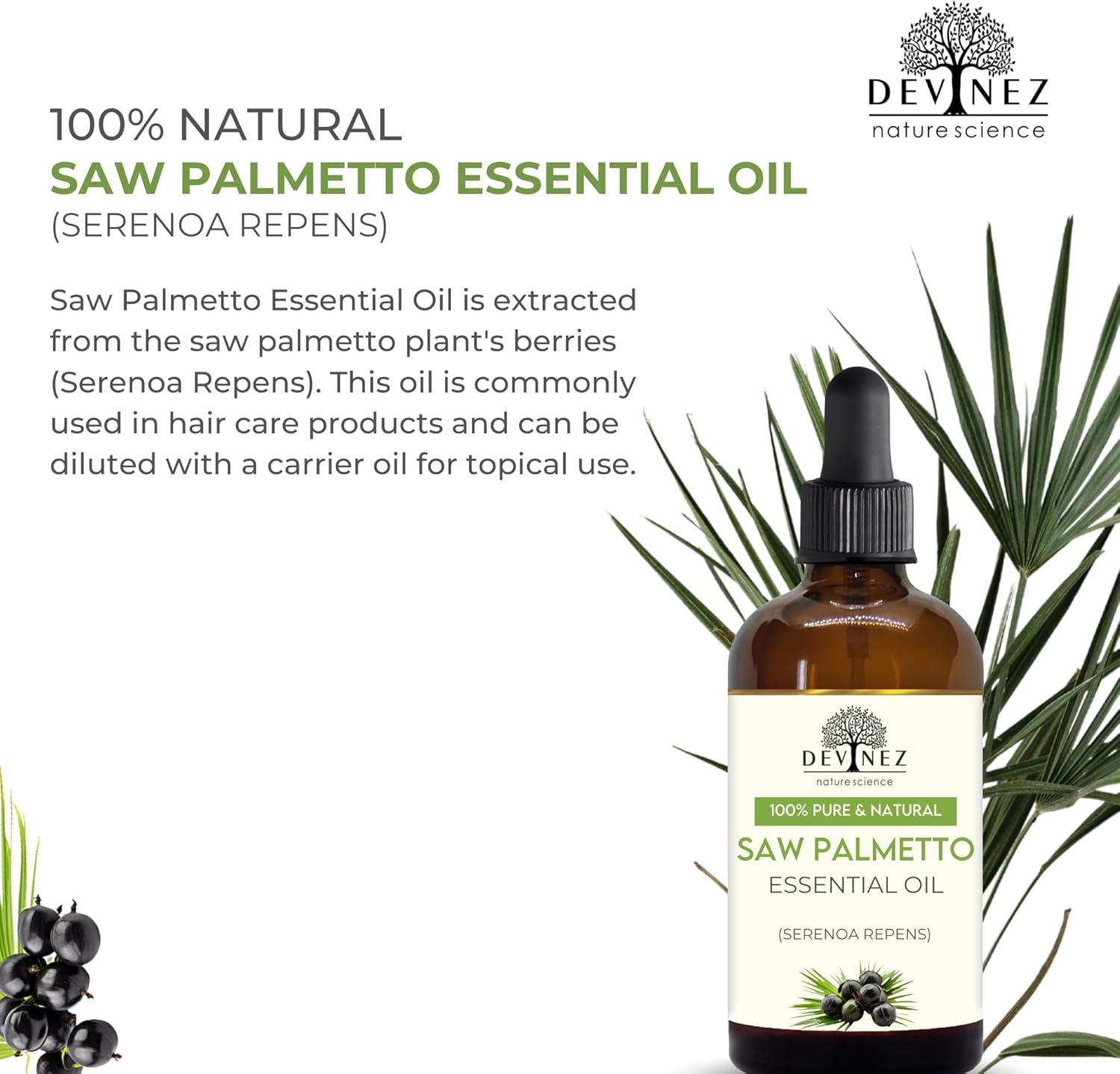 Devinez Saw Palmetto Certified Oil, 15Ml (Serenoa Repens) - 100% Pure Natural & Undiluted Therapeutic Grade for Skin & Hair Care with Glass Dropper & Glass Bottle image number 3