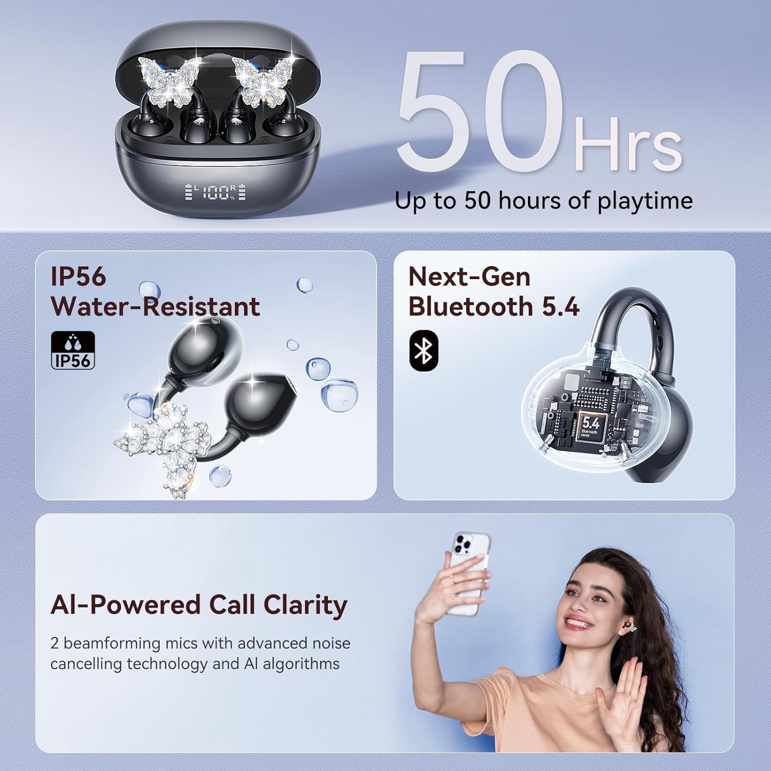 Kinglucky Clipfree A20 Open-Ear Earbuds with Butterfly Earrings, Secure & Comfort Fit, Premium Sound Clip-On Earbuds with Digital Display, 50H Playtime Bluetooth 5.4 Wireless Headphones Black image number 5