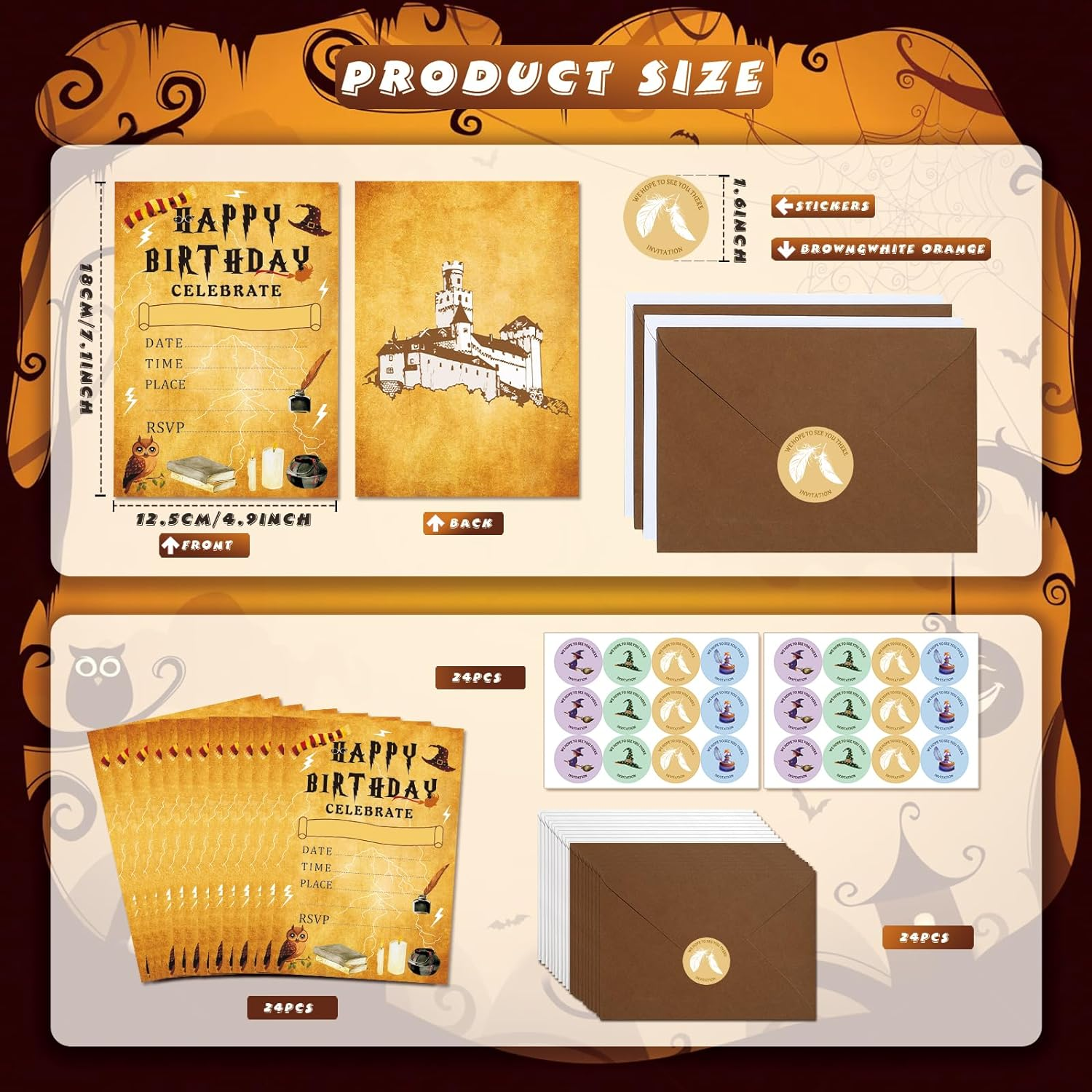 24 Pack Magical Wizards Birthday Invitations Wizards Party Invitation Cards, 24 Pcs Wizards Sticker Labels, 24 Pcs Envelopes Halloween Party Supplies for Kids Birthday Party Baby Shower