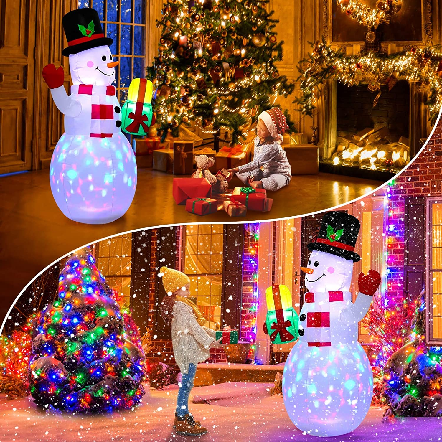 Christmas Inflatables Snowman Outdoor Decoration 5Ft Blow up Snowman Christmas Decor Garden Yard Inflatables Prop with Colorful LED Rotating Lights and Tethers, for Outdoor, Lawn, Xmas Kids Gifts