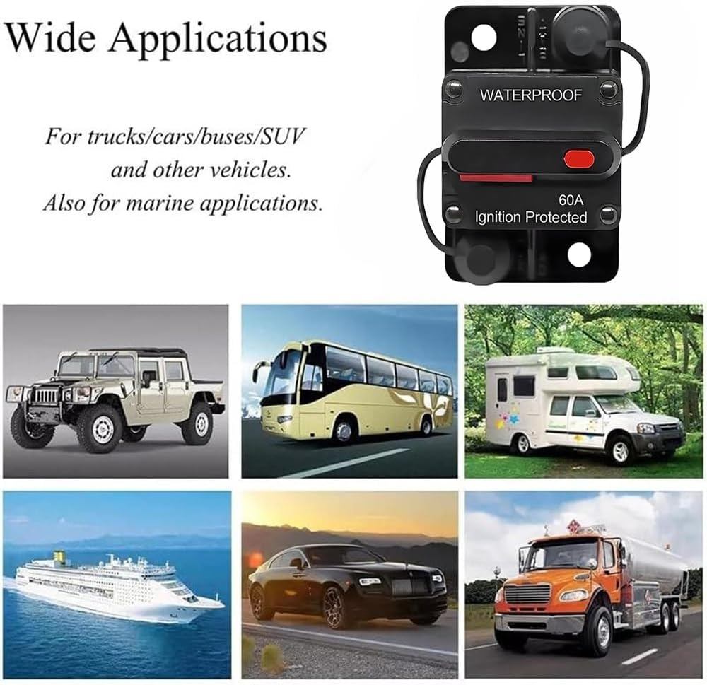 Anhoer Circuit Breaker with Manual Reset 12V-48V DC Waterproof Circuit Breaker Fuse Holder Inverter 50-250A for Solar Power Marine Boat Car Motor (60A) image number 5