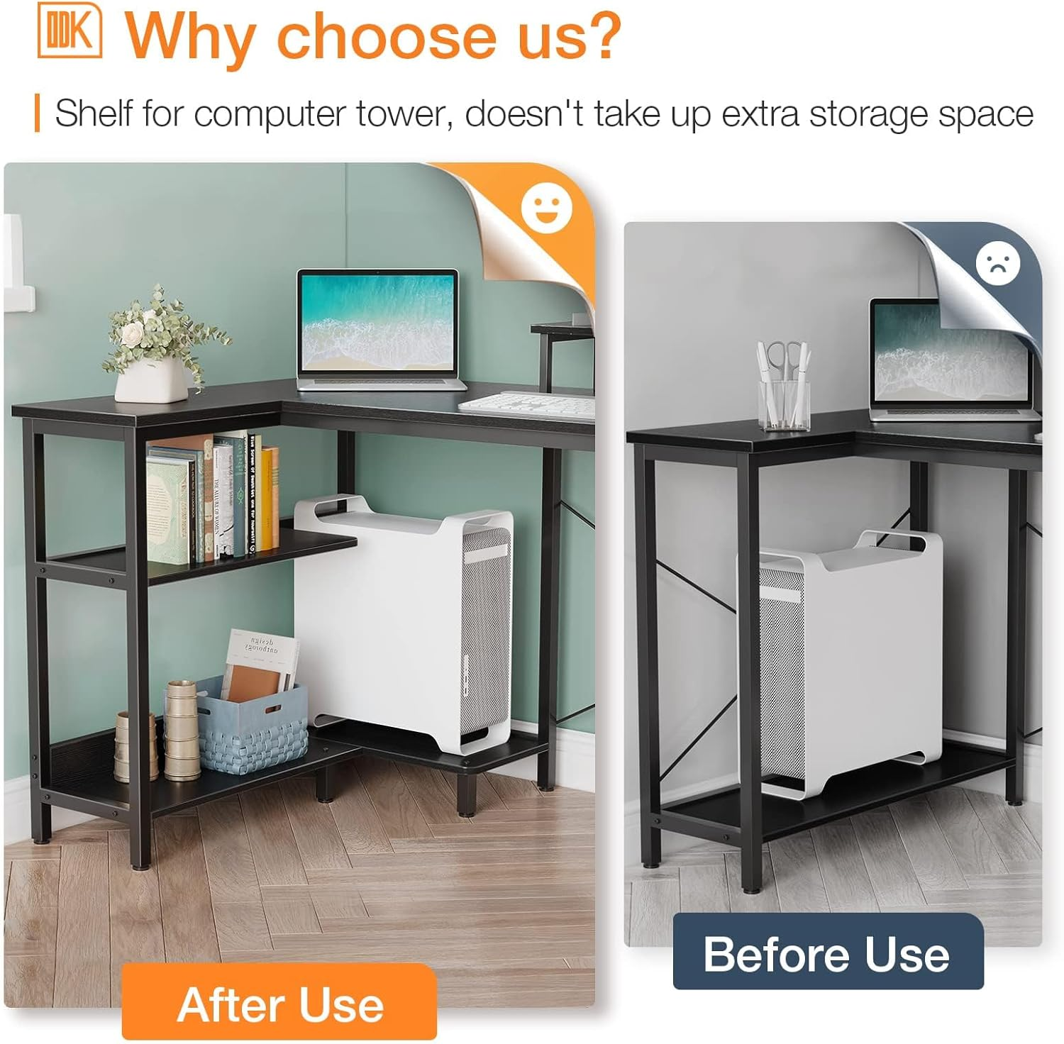 ODK L Shaped Computer Desk with Reversible Storage Shelves, 100 * 70 * 87.7Cm, Corner Desk with Monitor Stand&Headphone Hook, Home Office Desk, Modern Simple Writing Table, Black